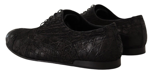 Pair of black shoes with a crocodile skin texture design