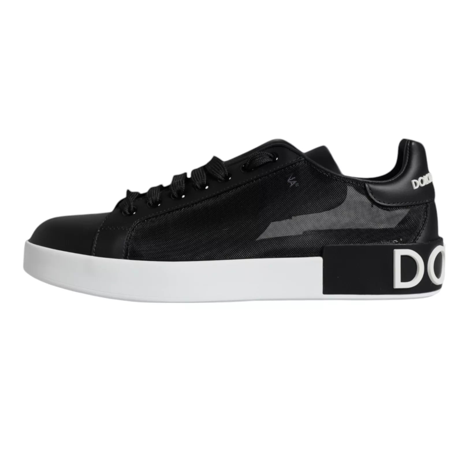 Black calf leather sneakers with white sole, featuring a logo on the side