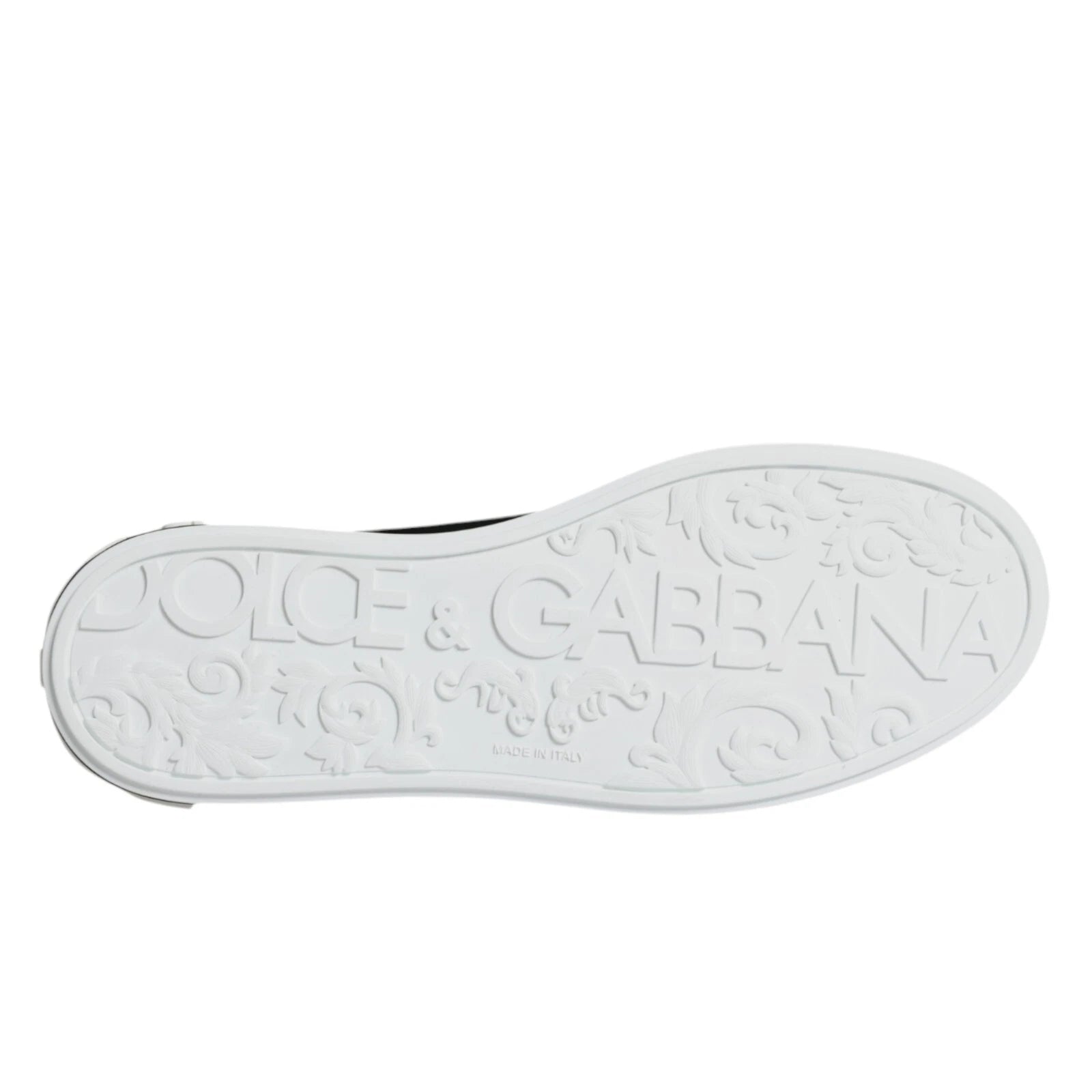 Silver shoe with black calf leather upper, featuring embossed Dolce & Gabbana logo