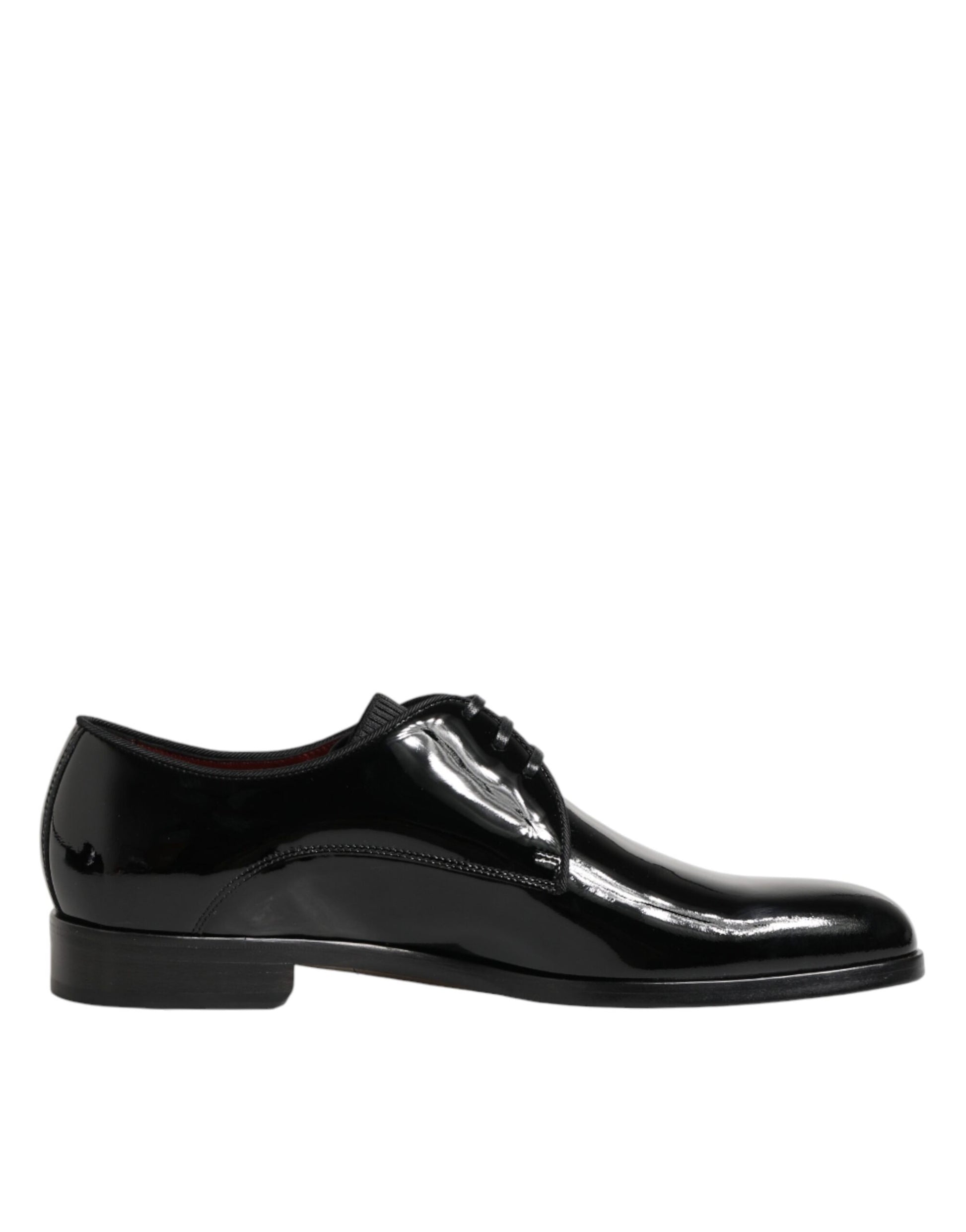 A pair of black leather dress shoes with a shiny finish, featuring a lace-up design and a small heel