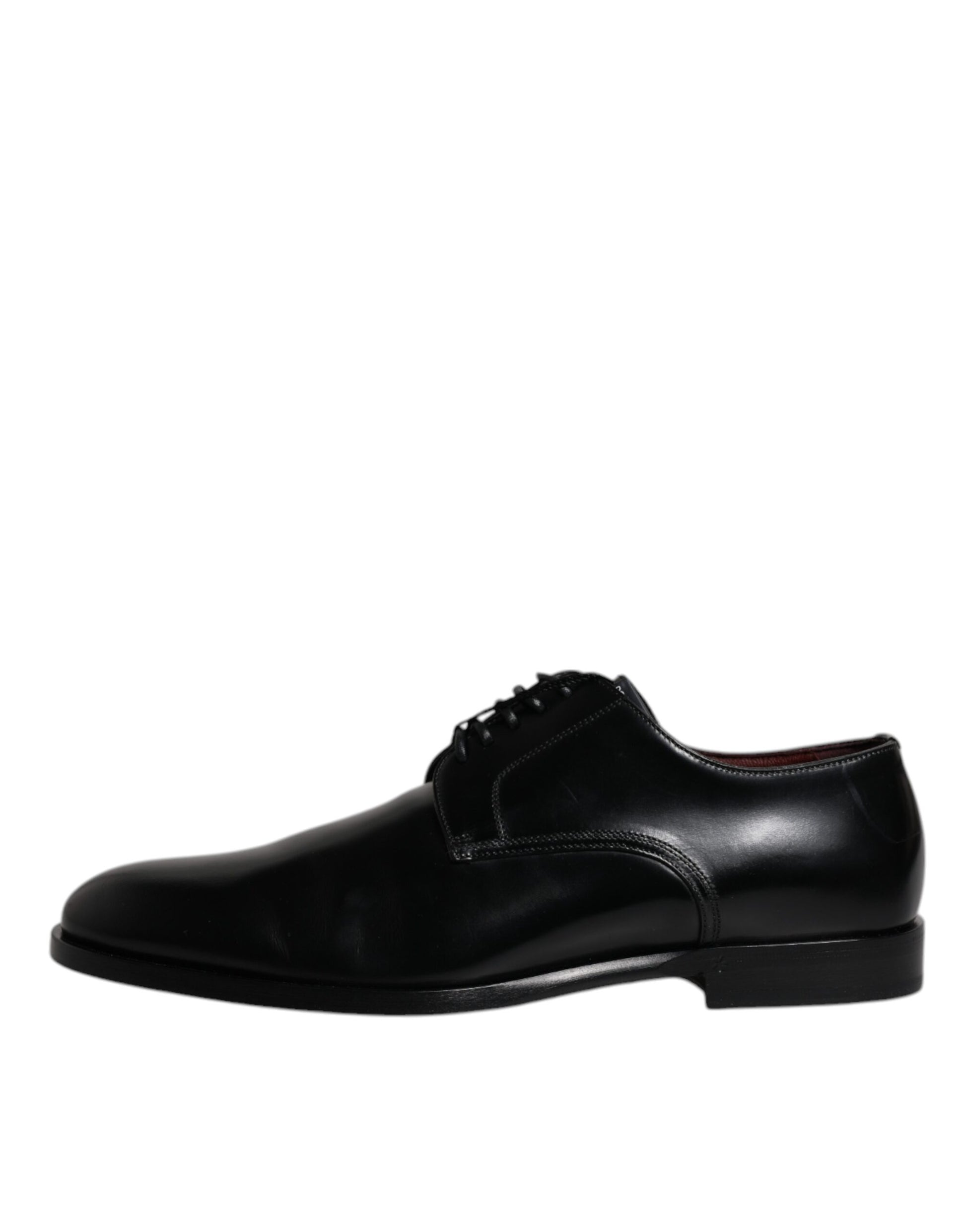 A pair of black leather lace-up dress shoes with a shiny finish