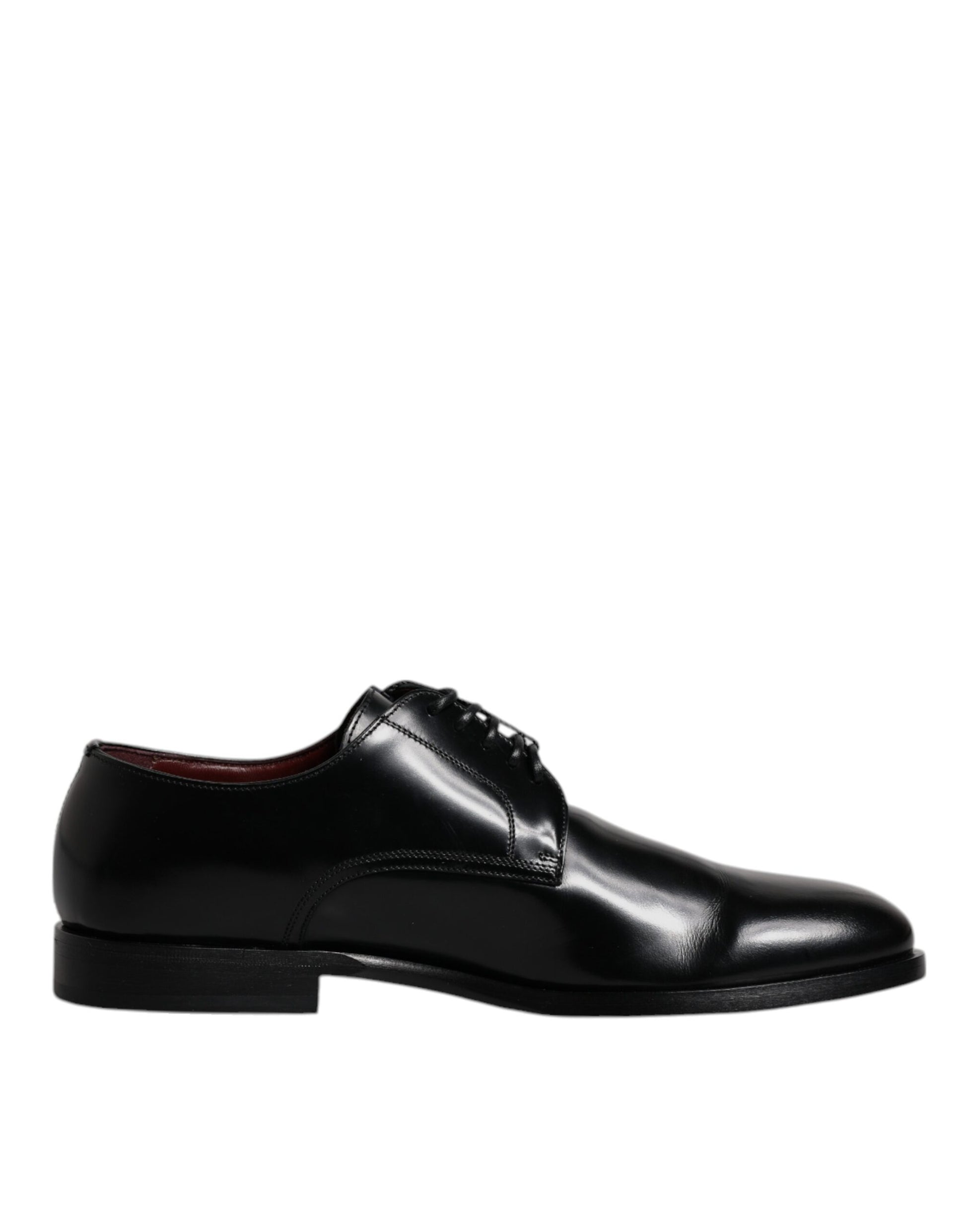 A pair of black leather lace-up dress shoes with a shiny finish