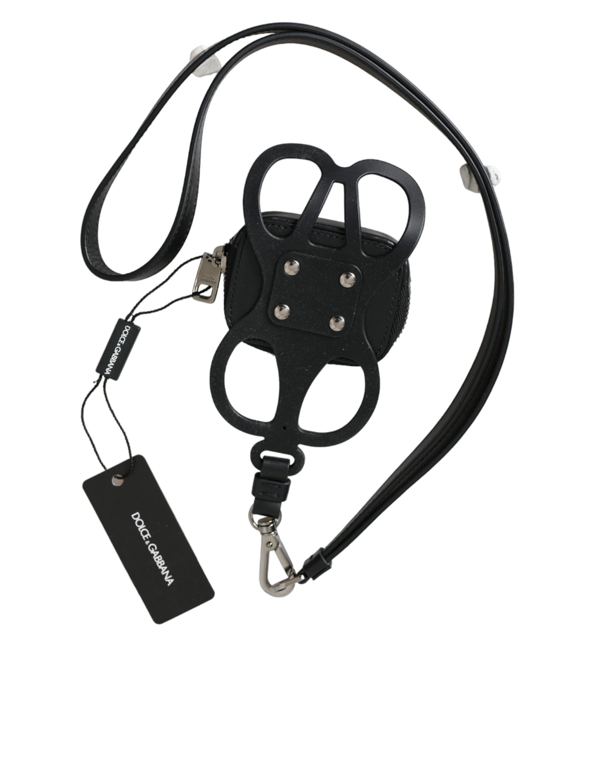 Black leather dog collar with metal ring and tag