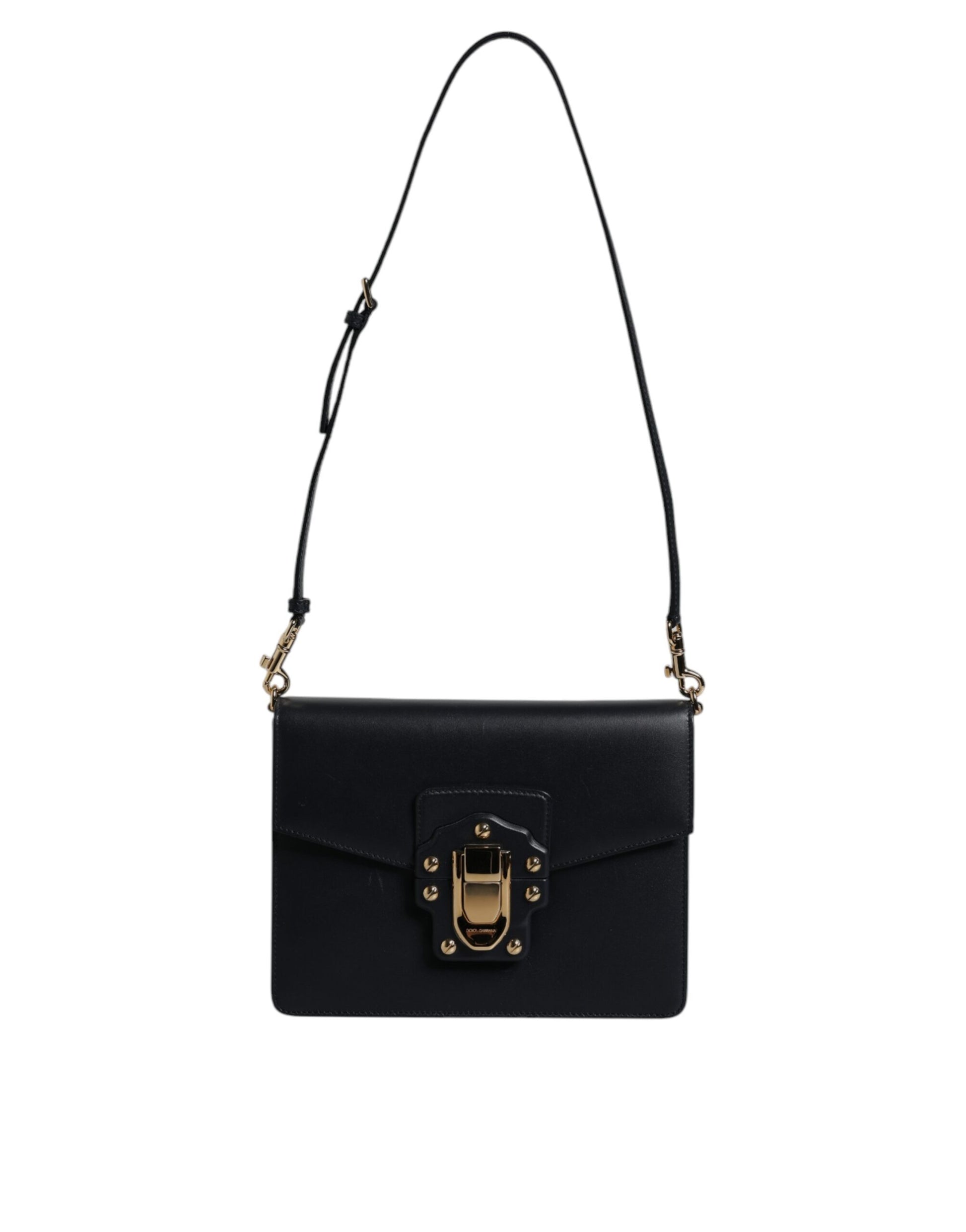 Black leather handbag with gold accents