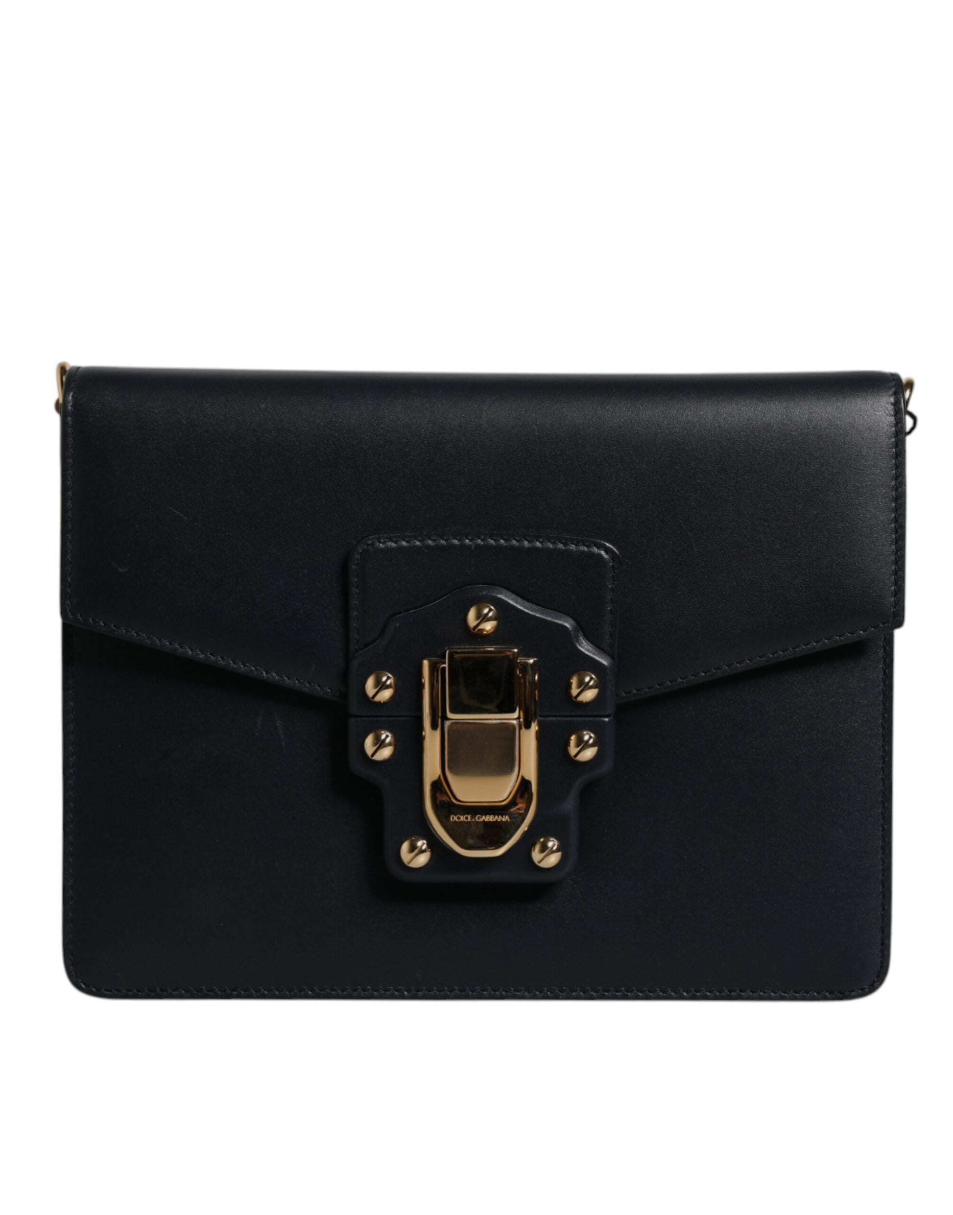 Black leather clutch purse with gold hardware