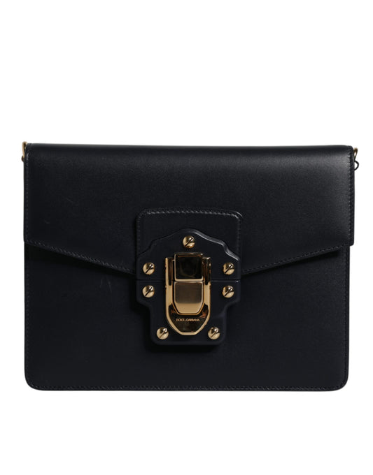 Black leather clutch purse with gold hardware