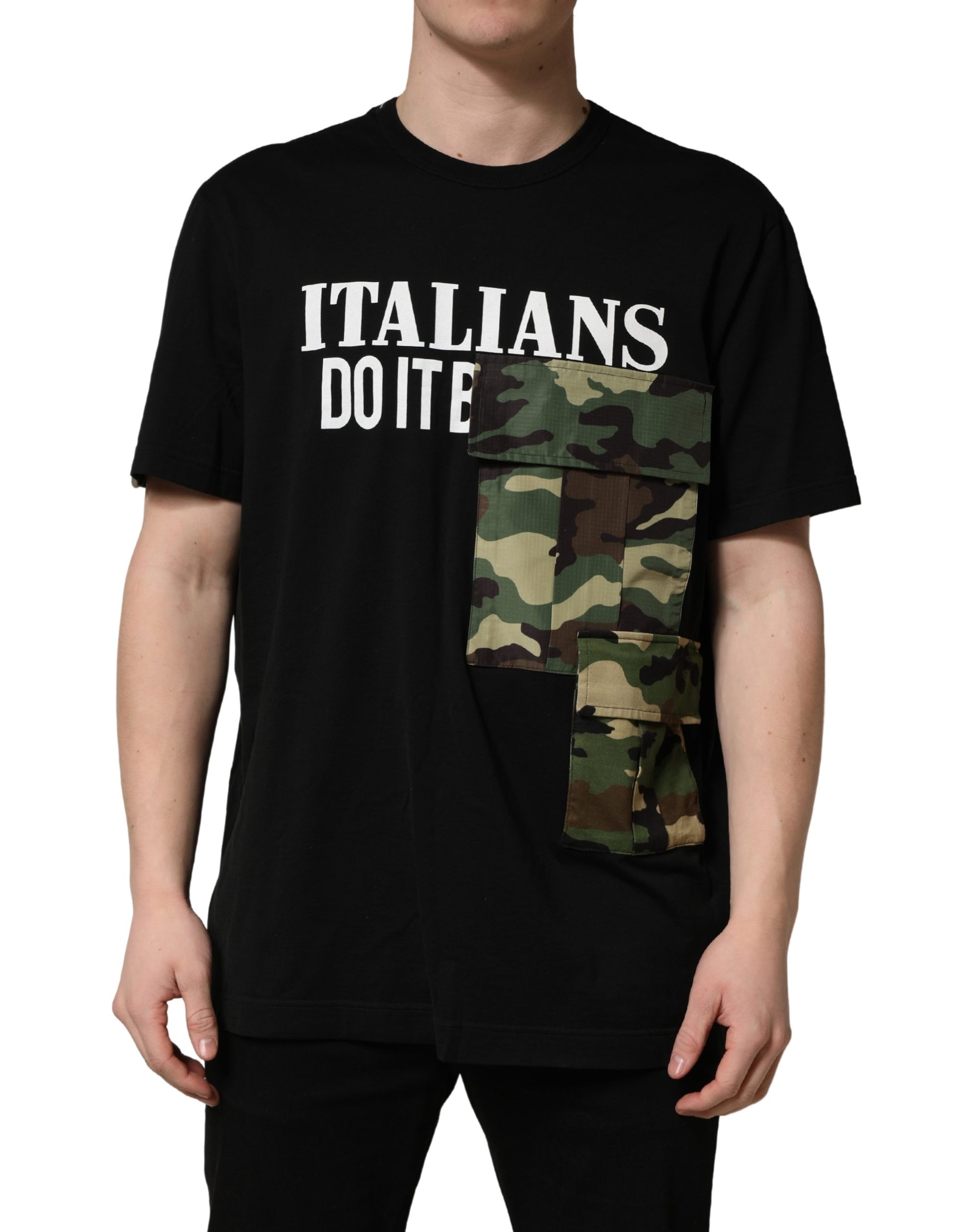 Black camouflage graphic t-shirt with white text
