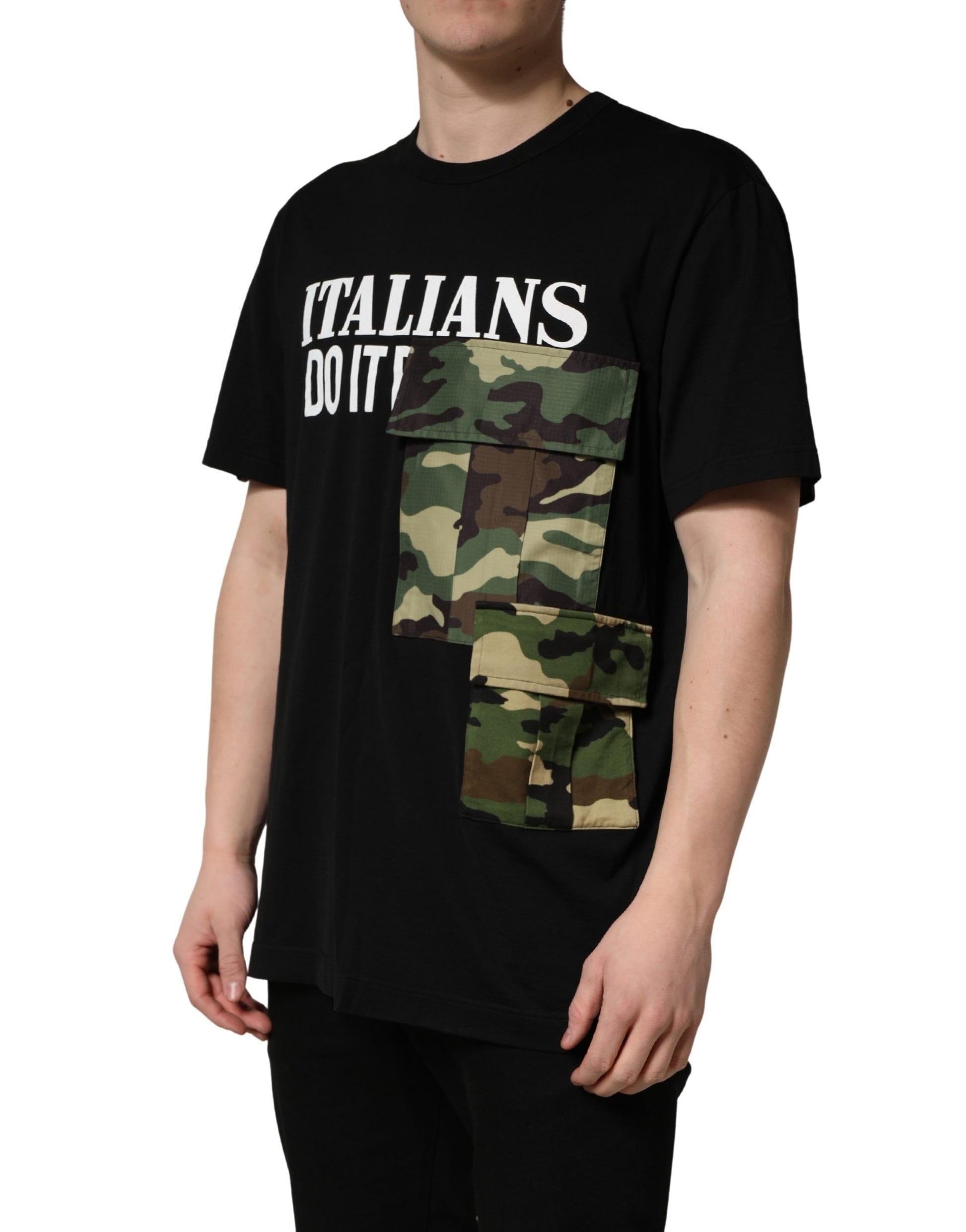 A black t-shirt with a camouflage graphic on the front