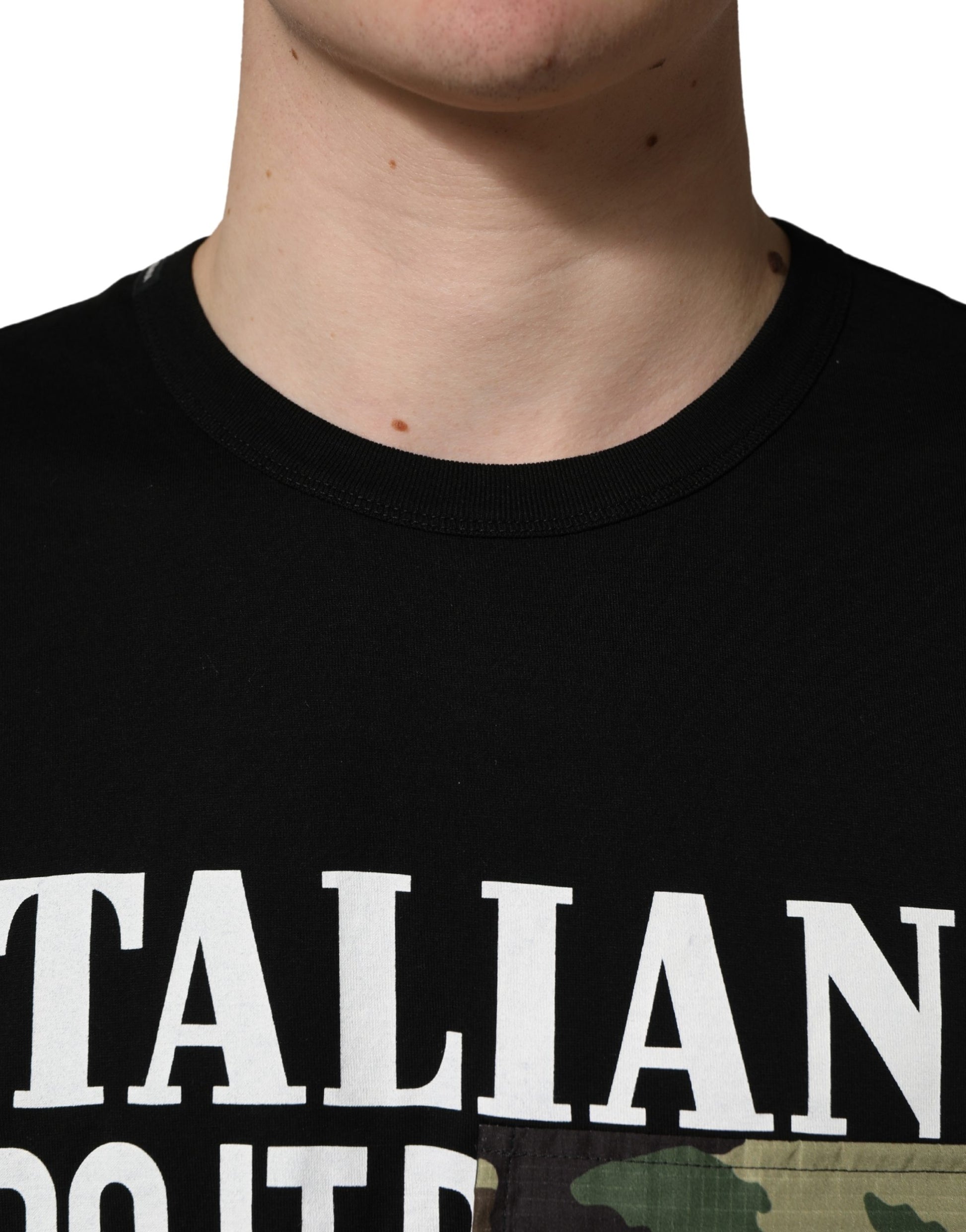 A black camouflage graphic crewneck t-shirt