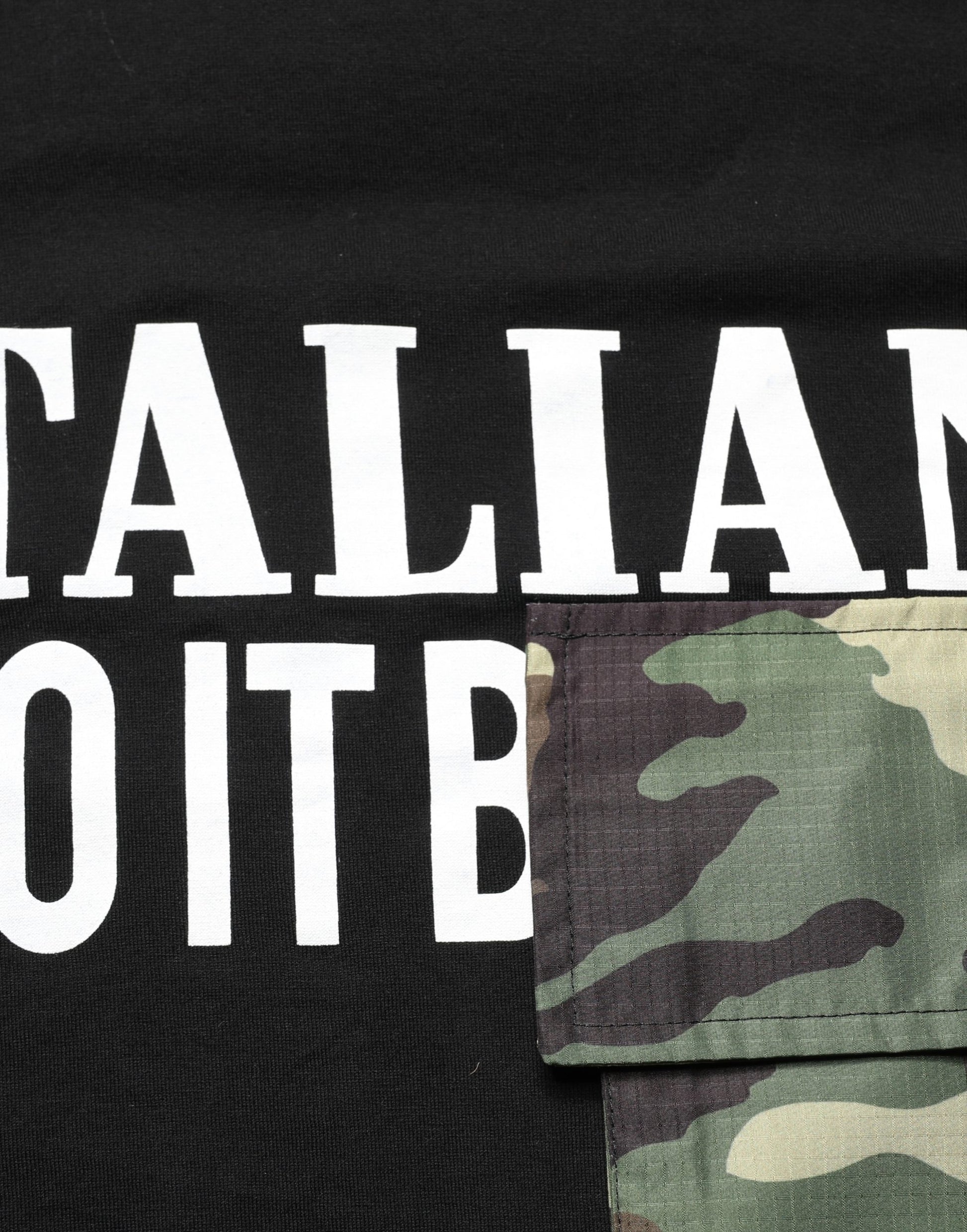 A black t-shirt with a camouflage graphic and the text "Dolce & Gabbana" printed on it