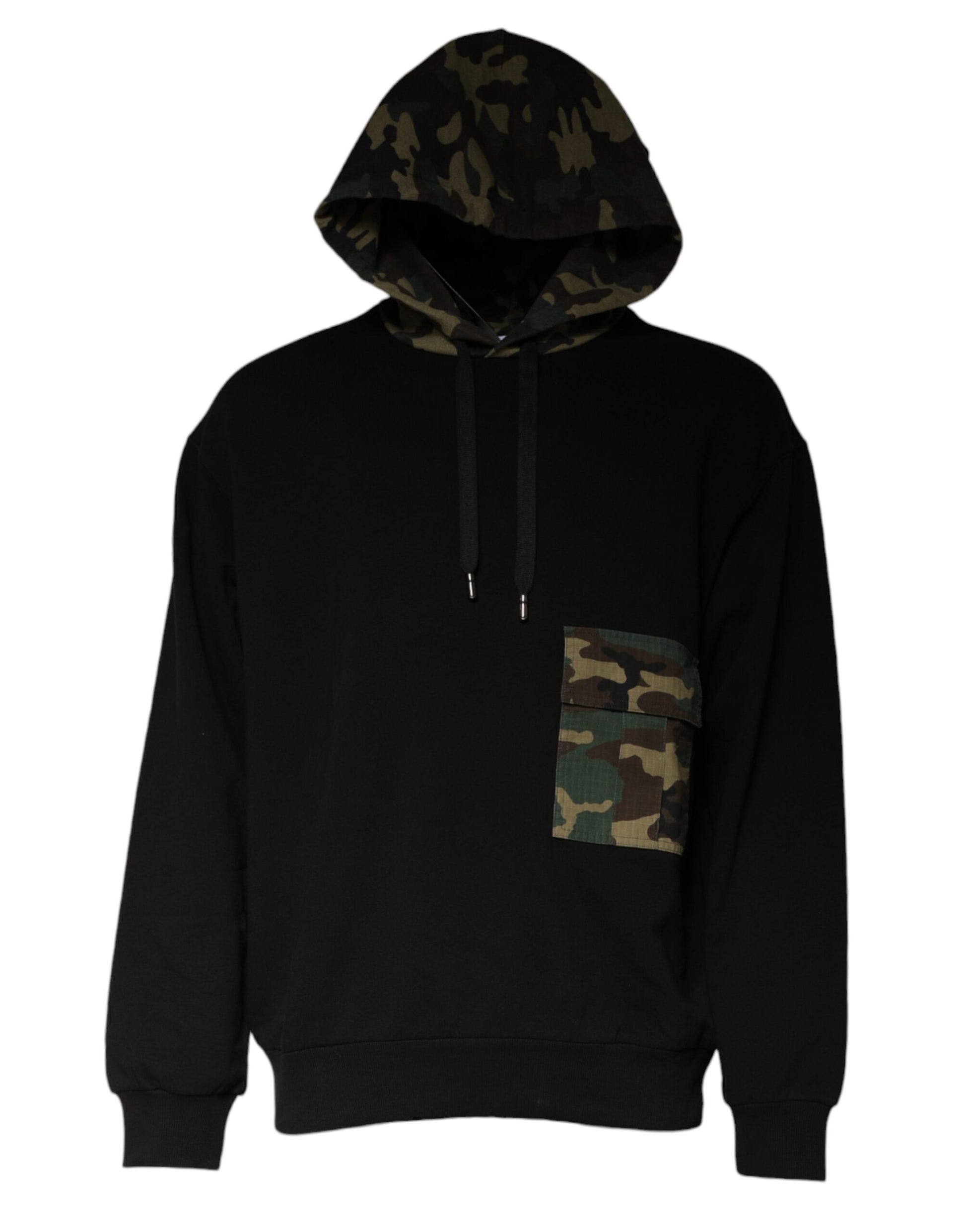 Camouflage hoodie with black sleeves and pocket