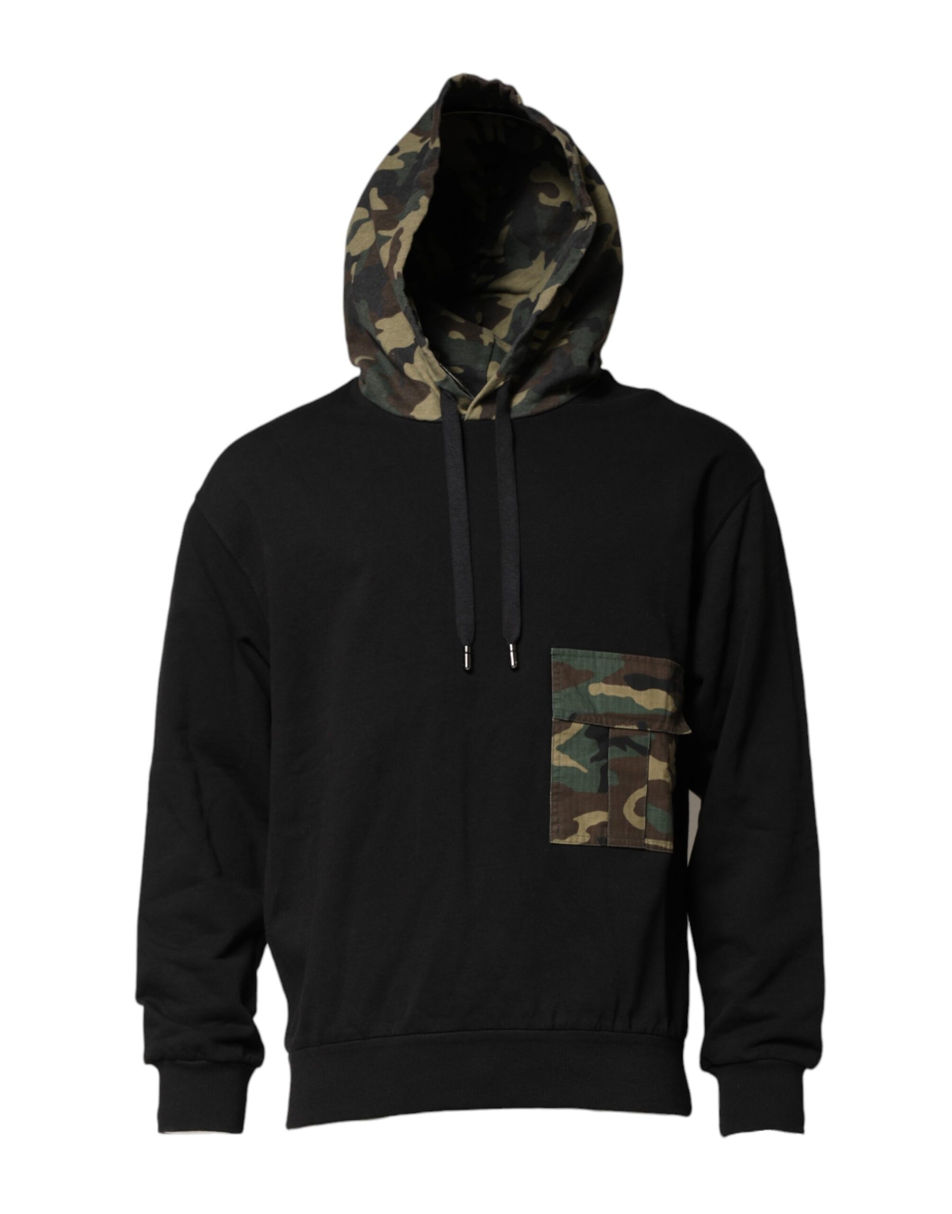 Camouflage hoodie with black sleeves and zipper