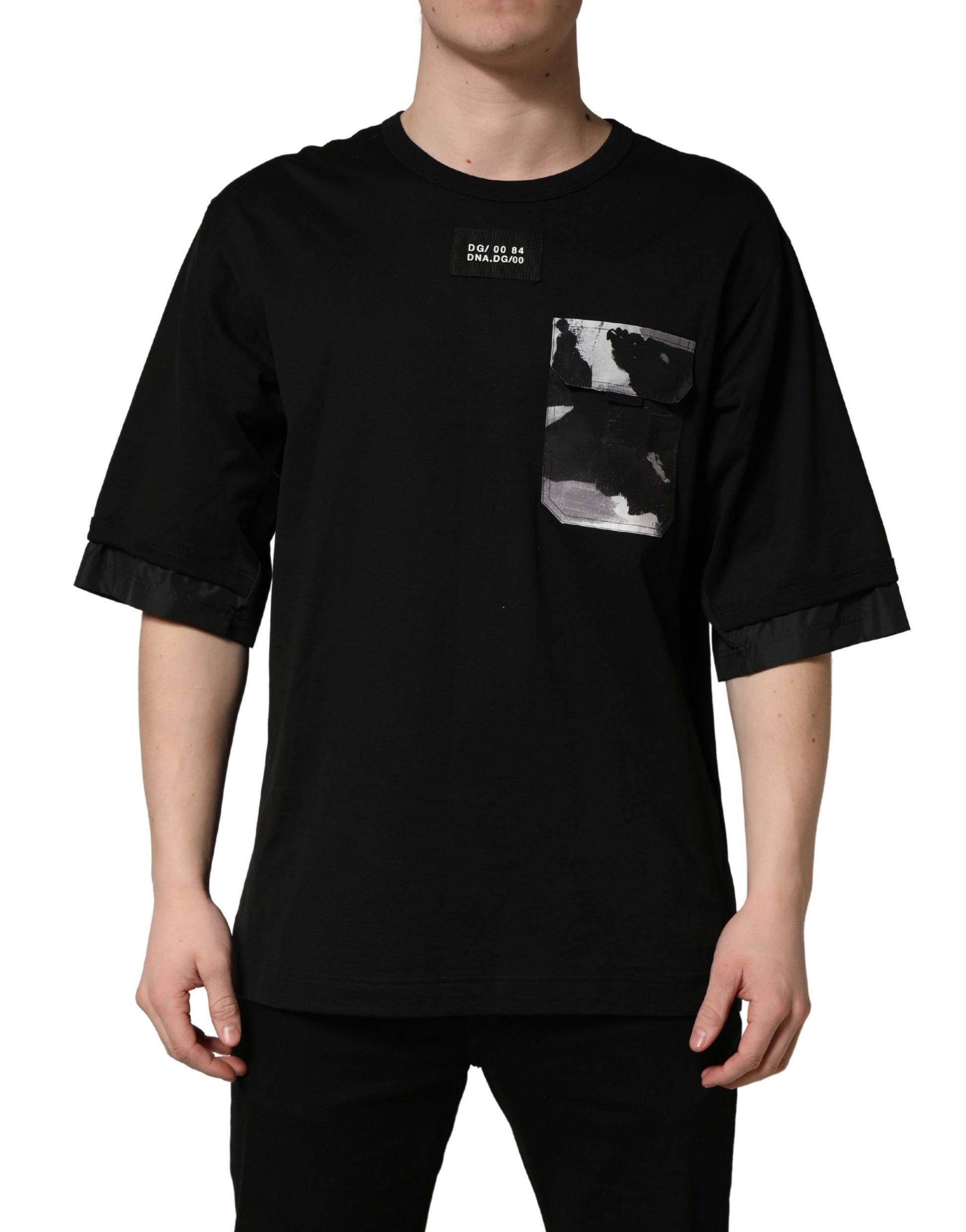 A black oversized t-shirt with camouflage pocket detailing