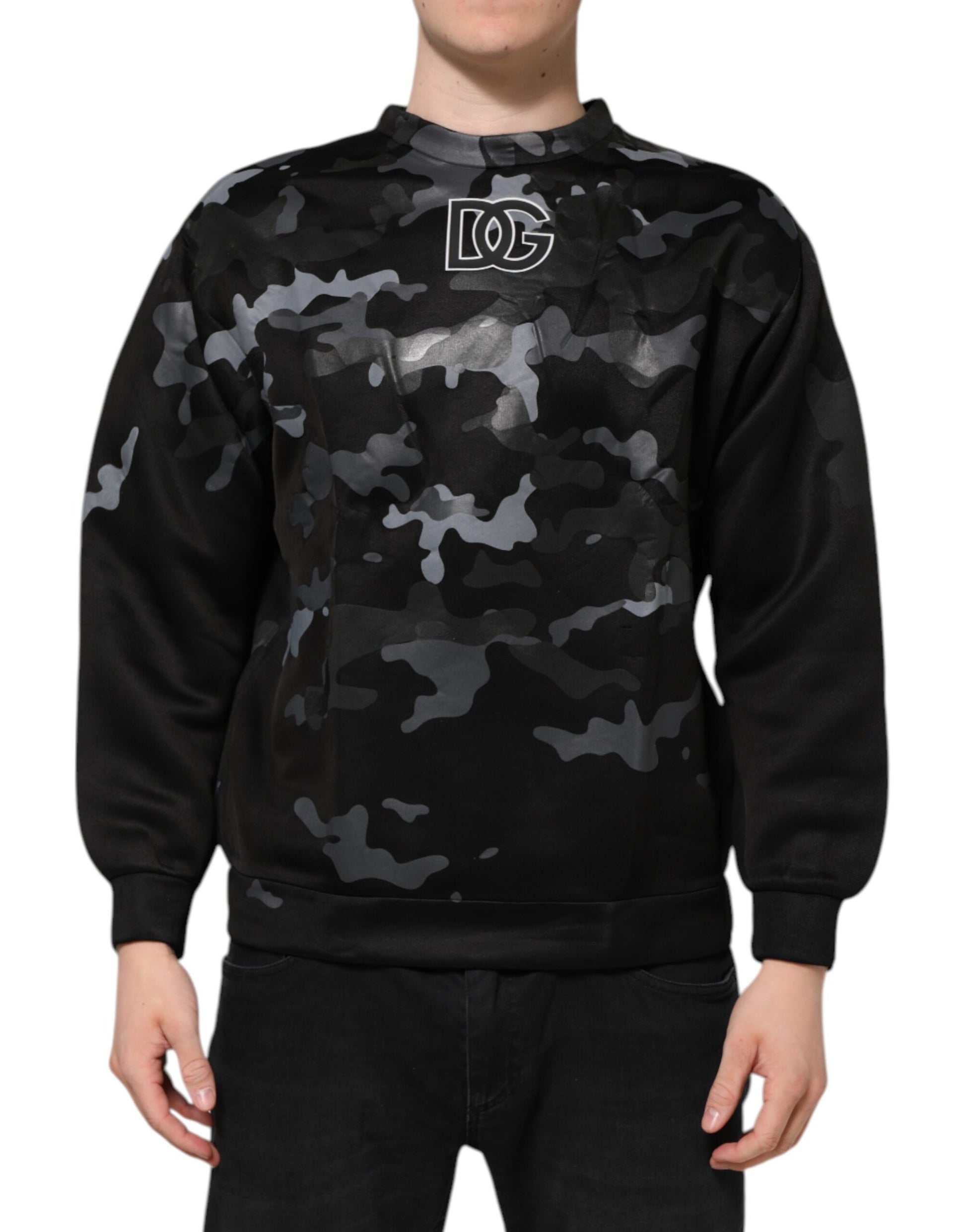 Black camouflage sweatshirt with white lettering