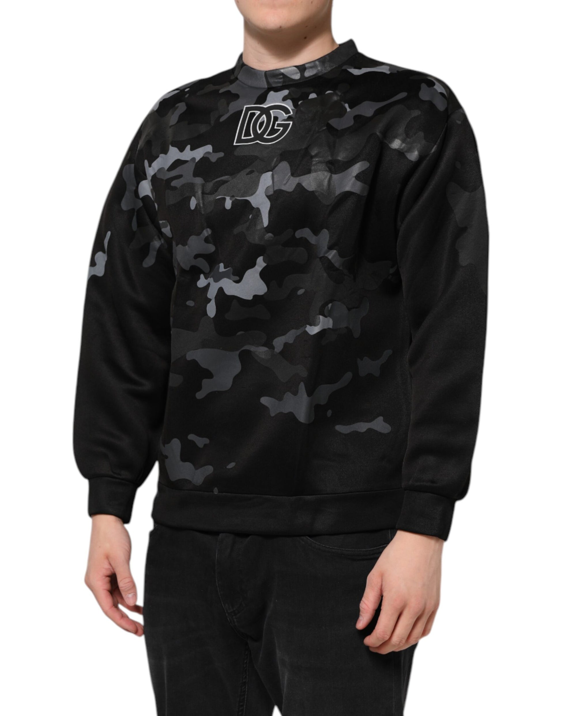 Black and camouflage sweatshirt with white logo on front