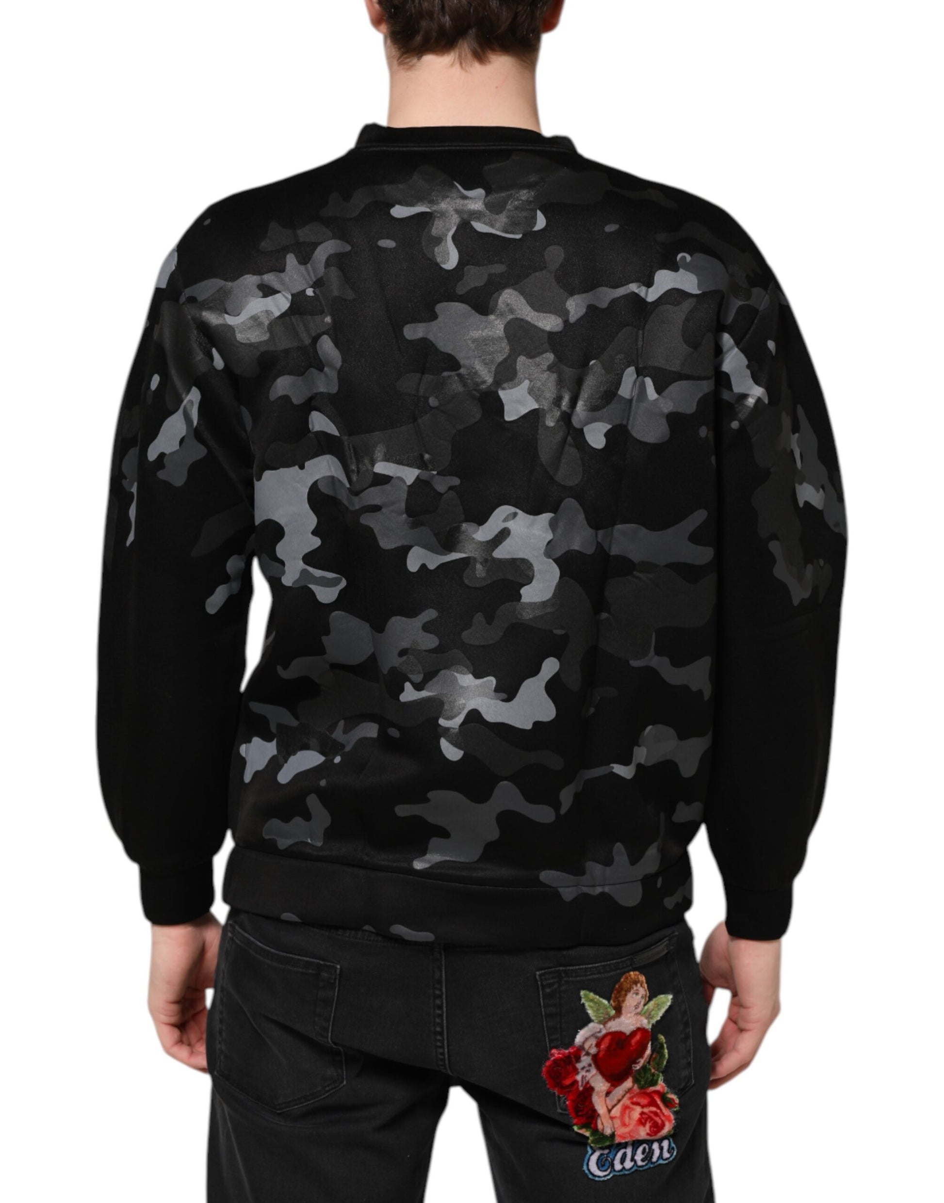 Camouflage sweatshirt with floral design on back