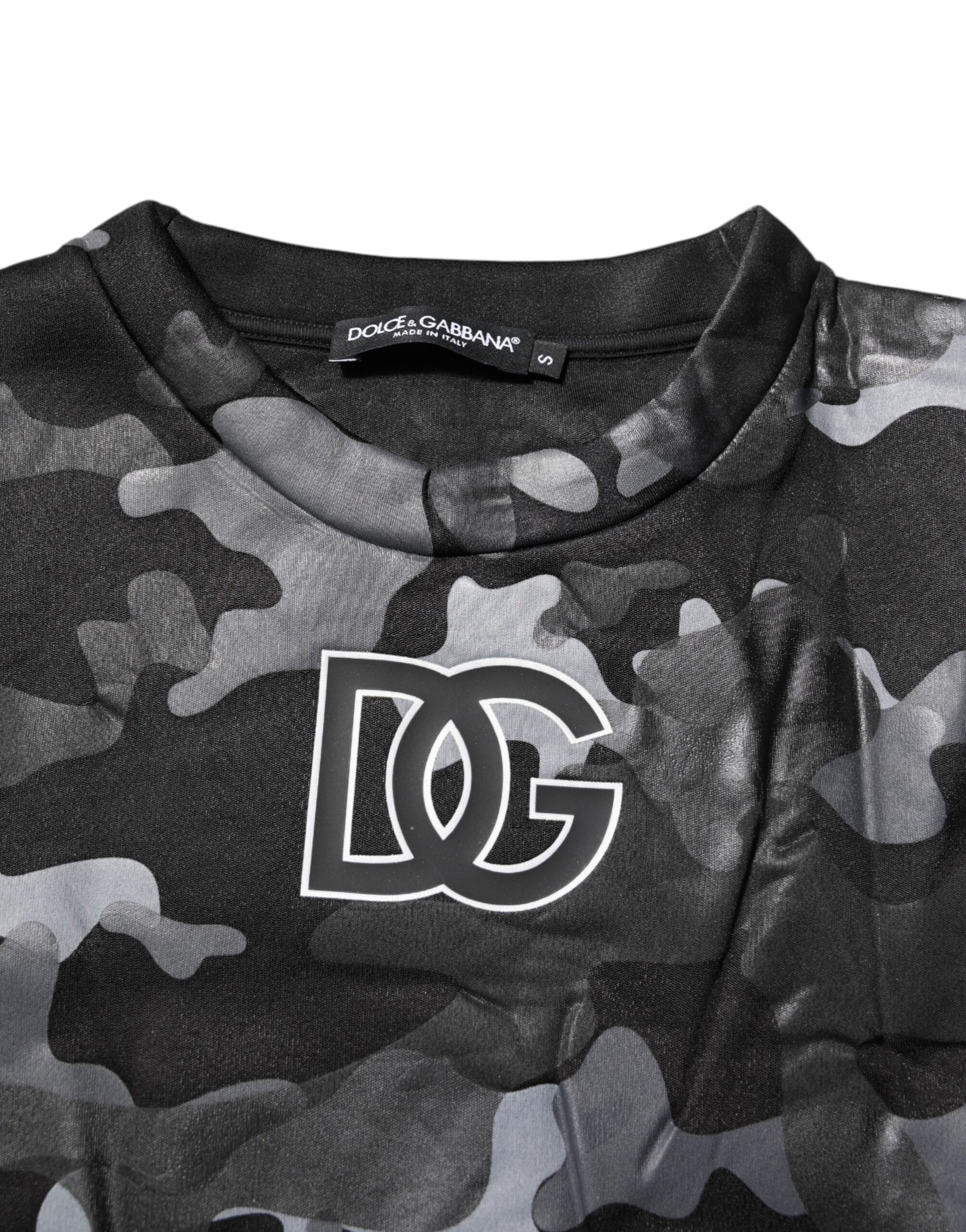 Black and gray camouflage shirt with white logo