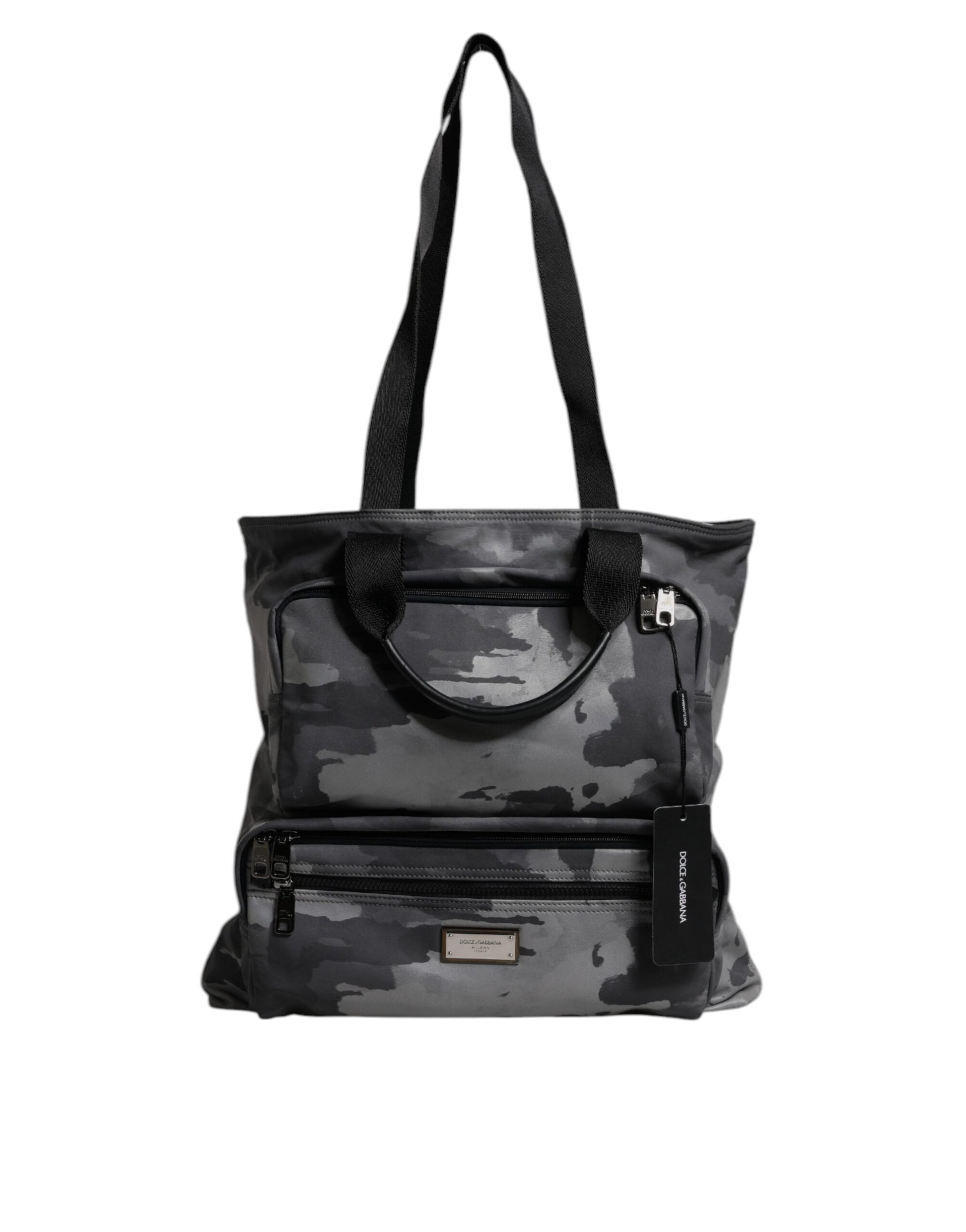 Camouflage patterned tote bag with black straps