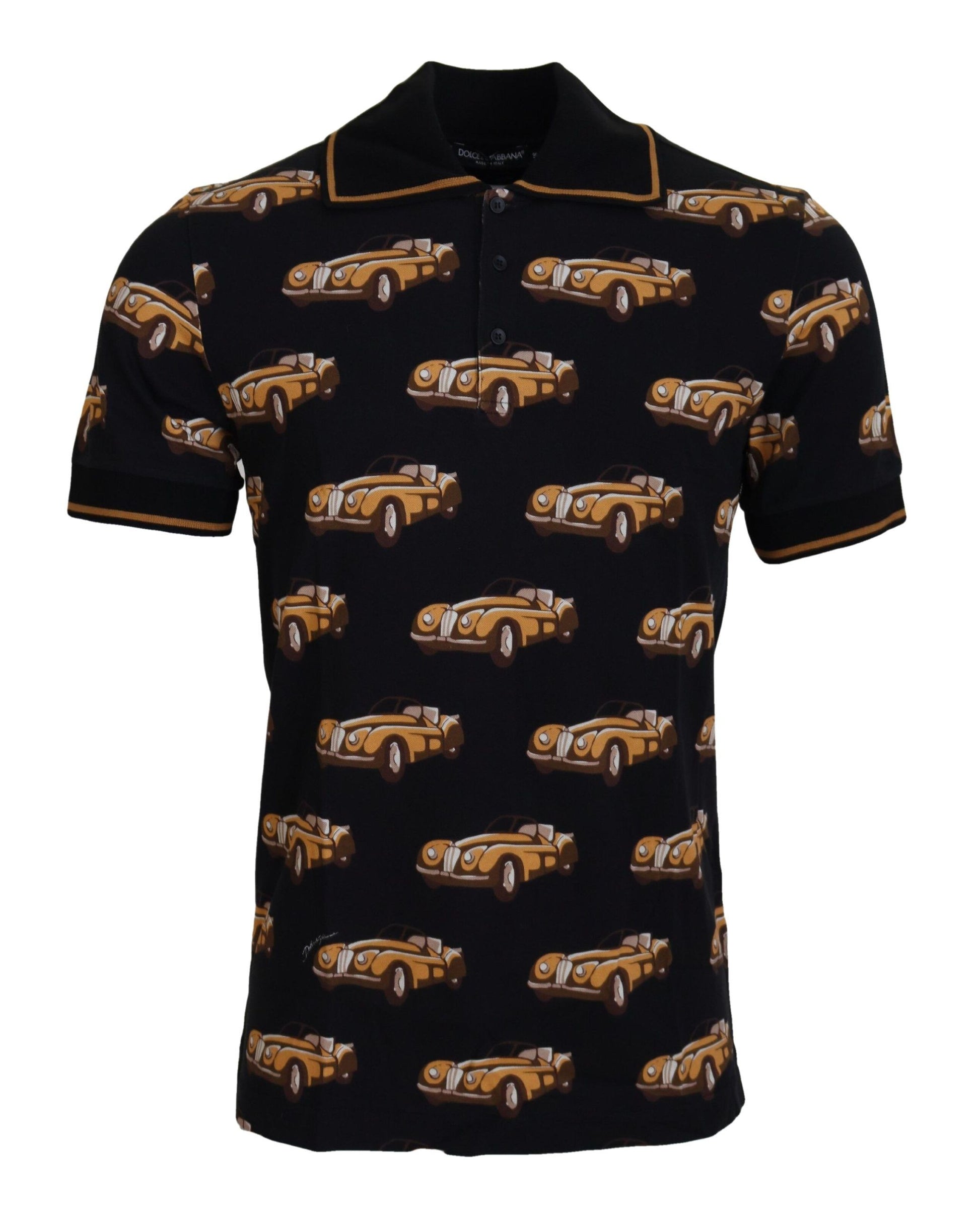 Black polo shirt with yellow cars pattern