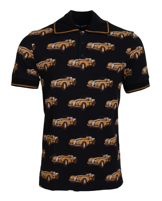Black polo shirt with yellow cars pattern