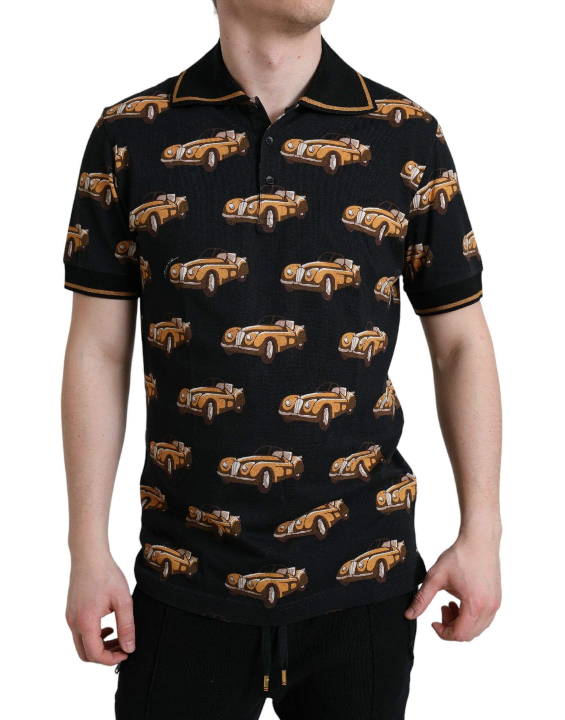 Man wearing polo shirt with trucks pattern