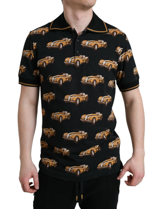 Man wearing polo shirt with trucks pattern