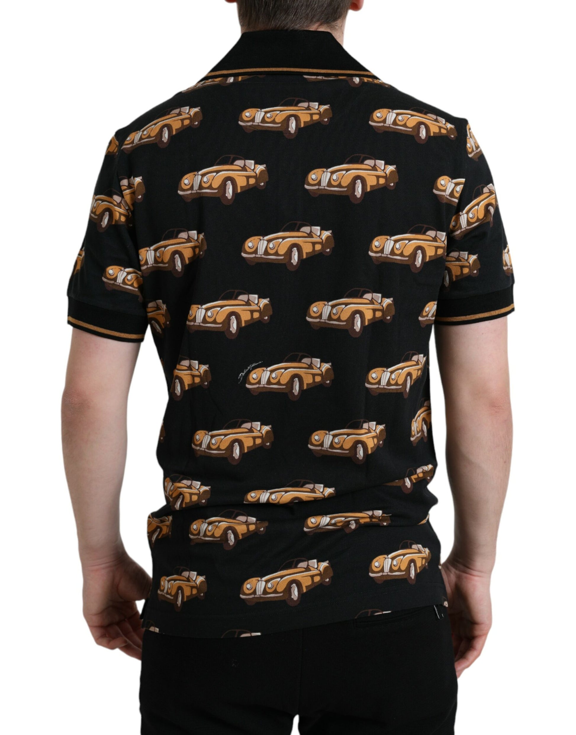 Back of polo shirt with yellow taxi pattern