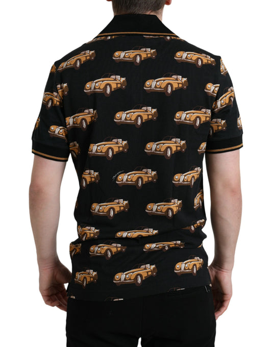 Back of polo shirt with yellow taxi pattern