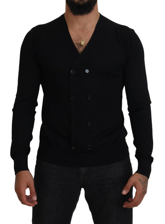 Man wearing black sweater with buttons