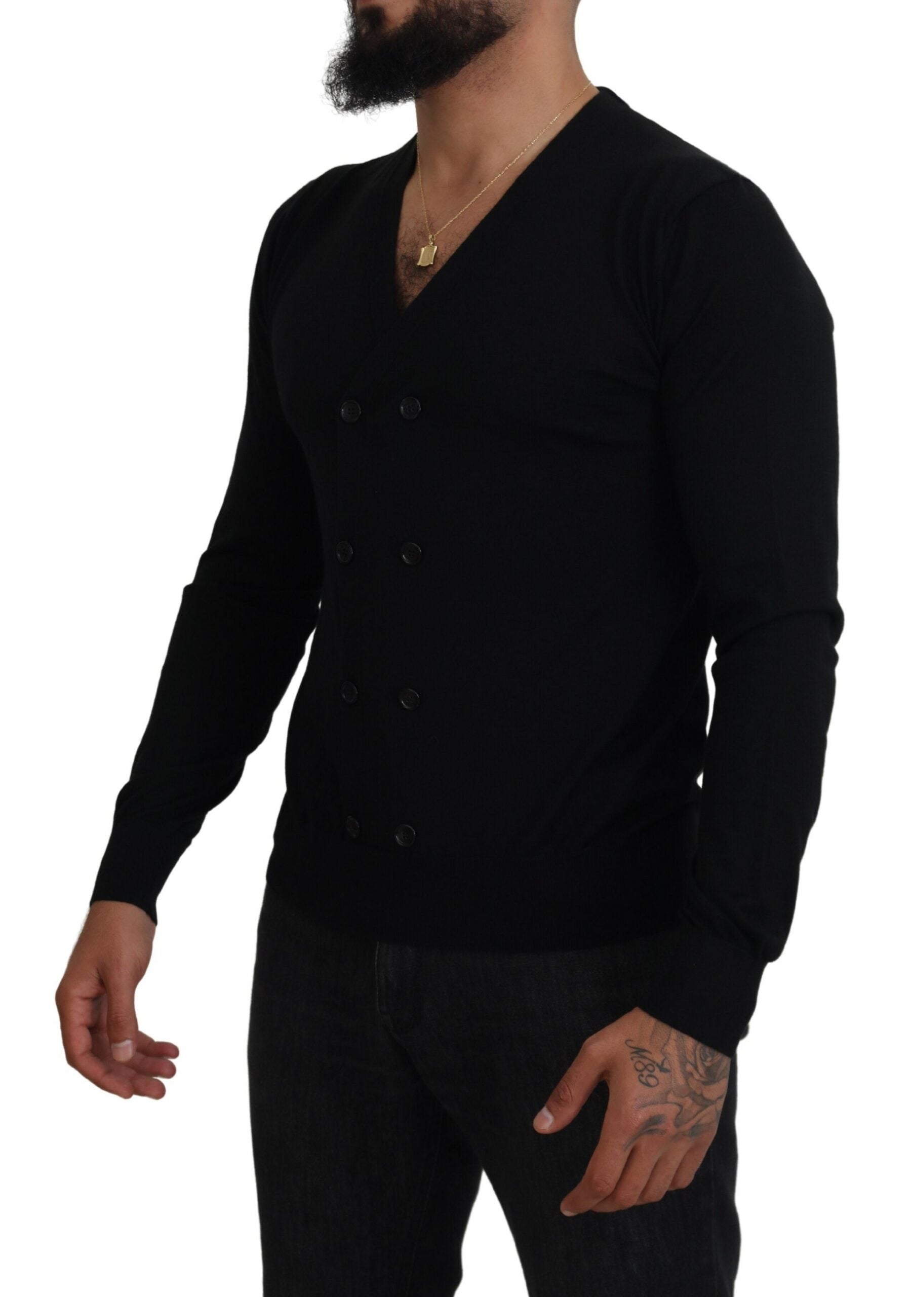 Man wearing black sweater with buttons down front