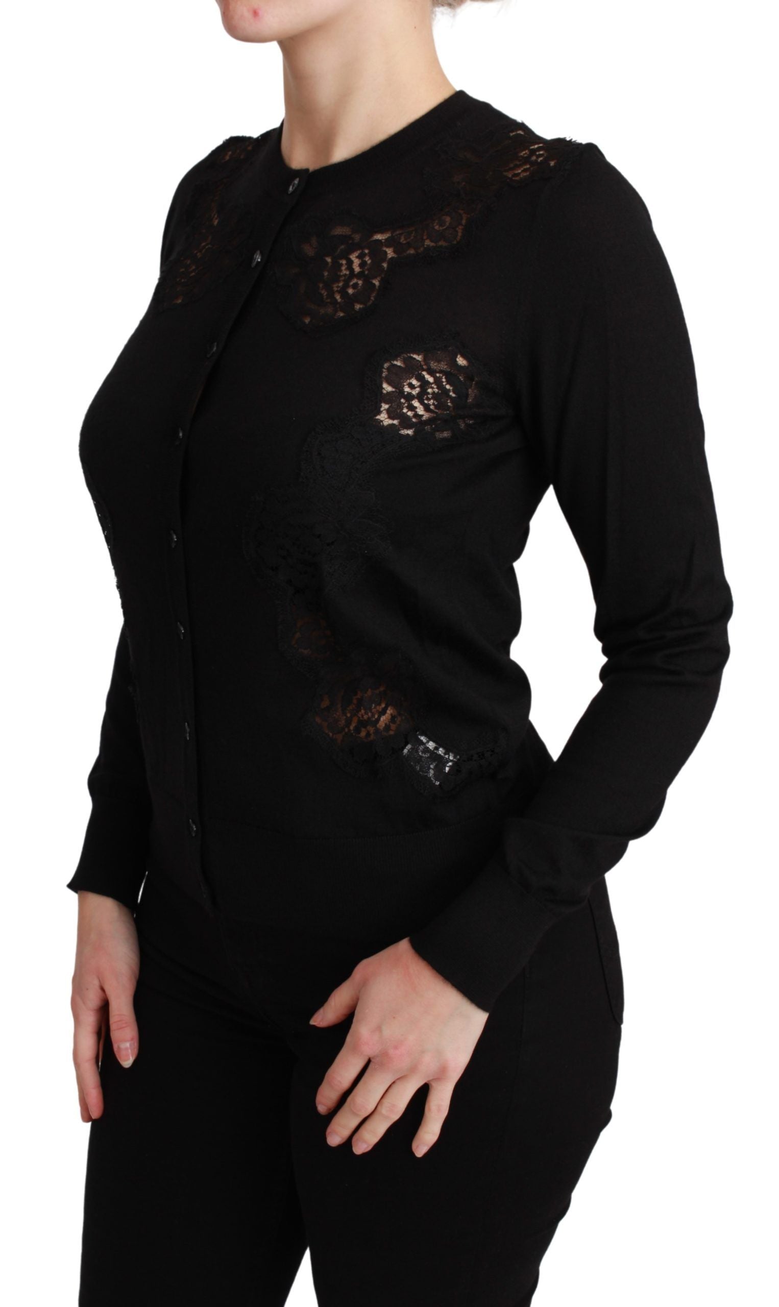 Woman wearing black lace top