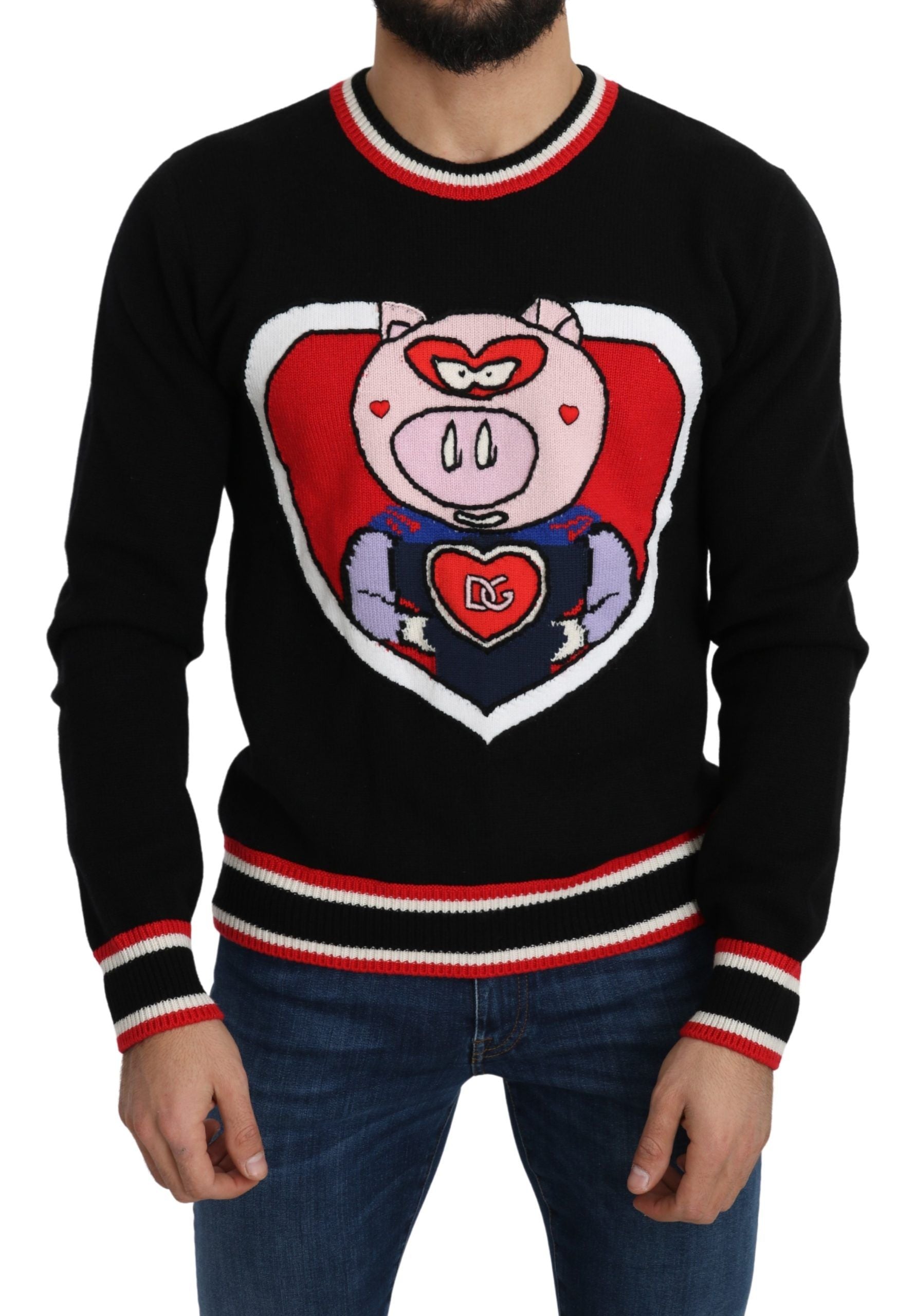 Man wearing a sweater with a pig heart design