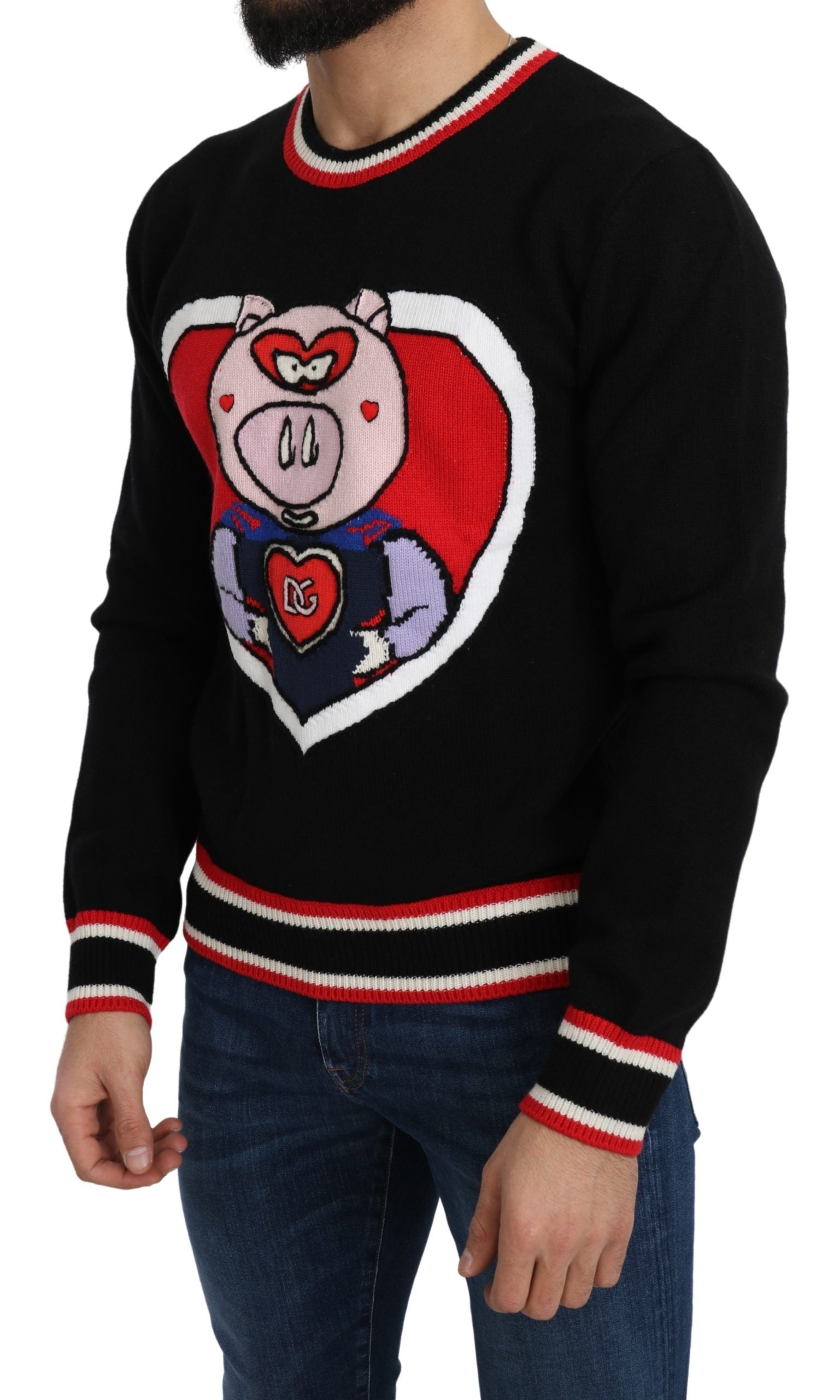 Man wearing a sweater with a cartoon character on it