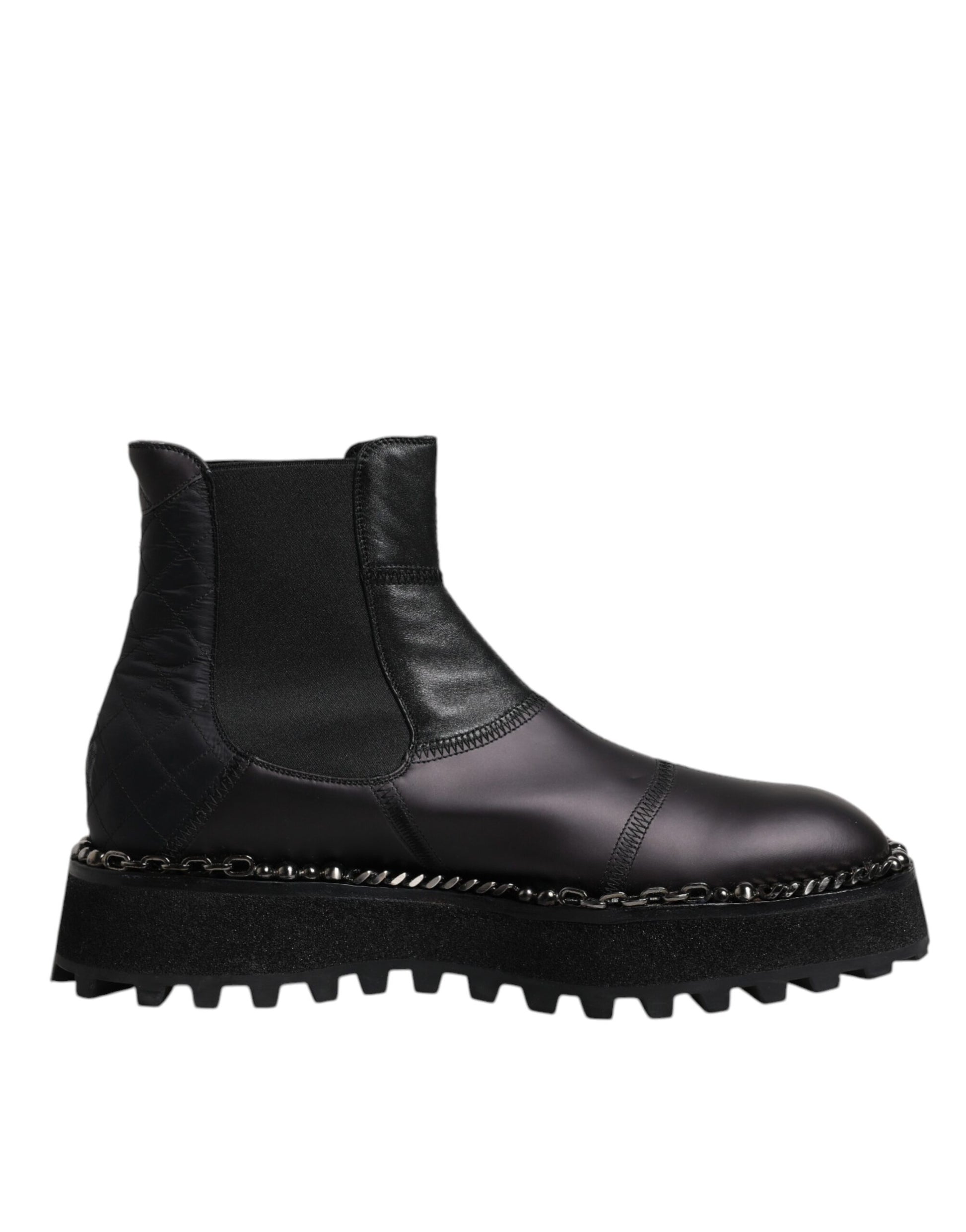 Black leather ankle boot with chunky heel and studded detailing