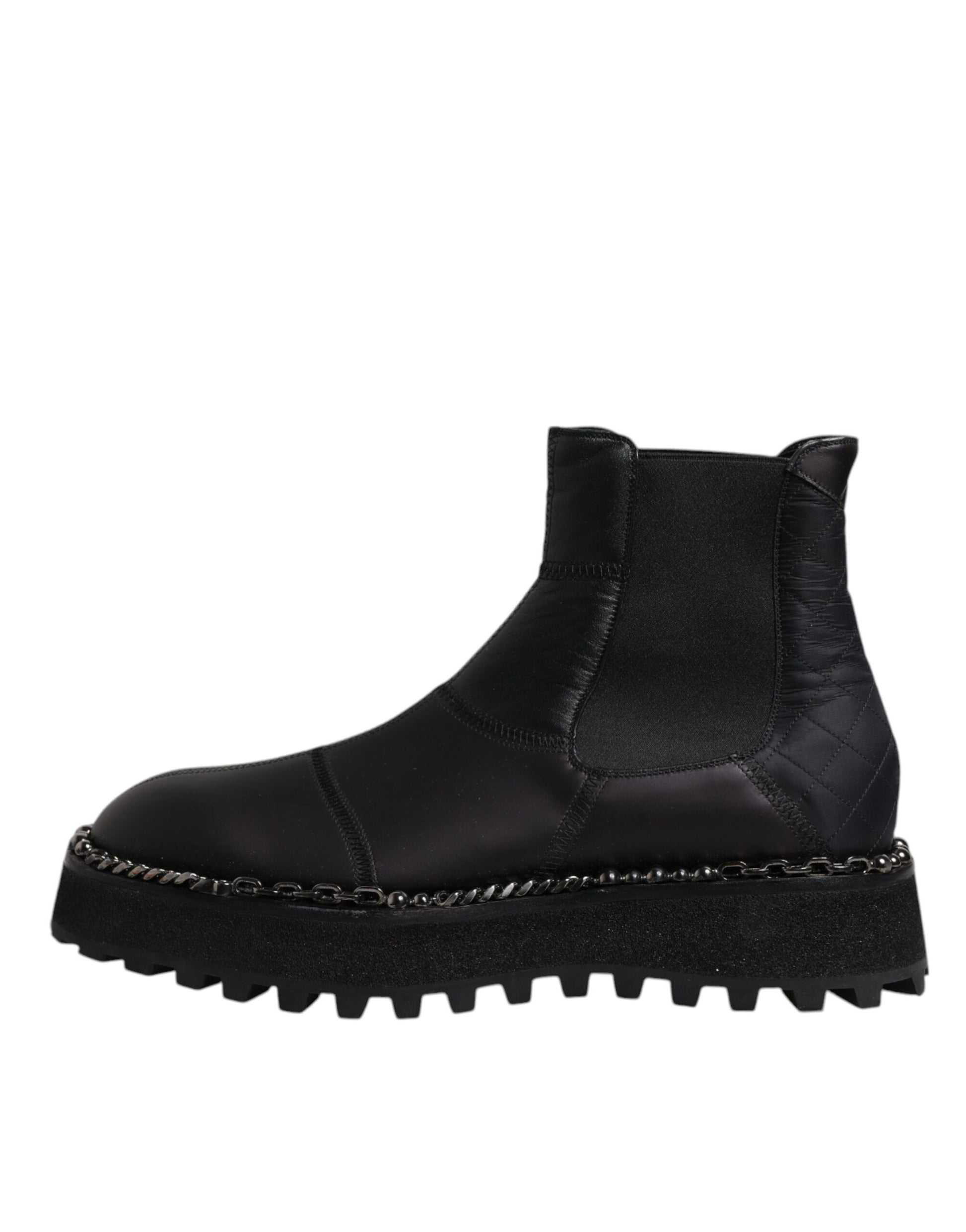 Black ankle boot with chunky heel and studded detailing