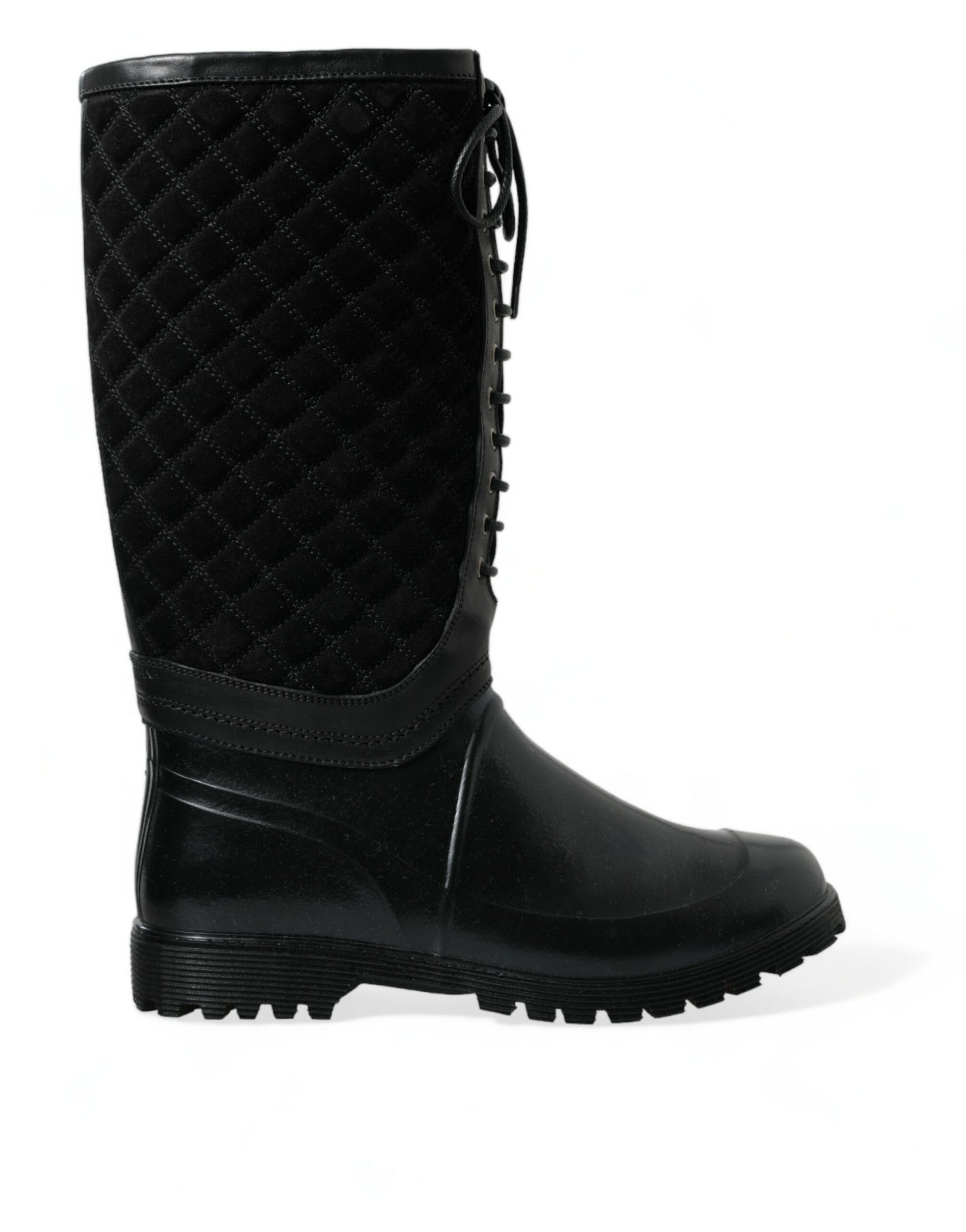 Black quilted boot with lace up front and chunky heel