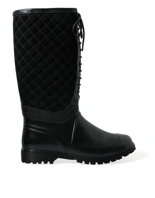 Black quilted boot with lace up front and chunky heel