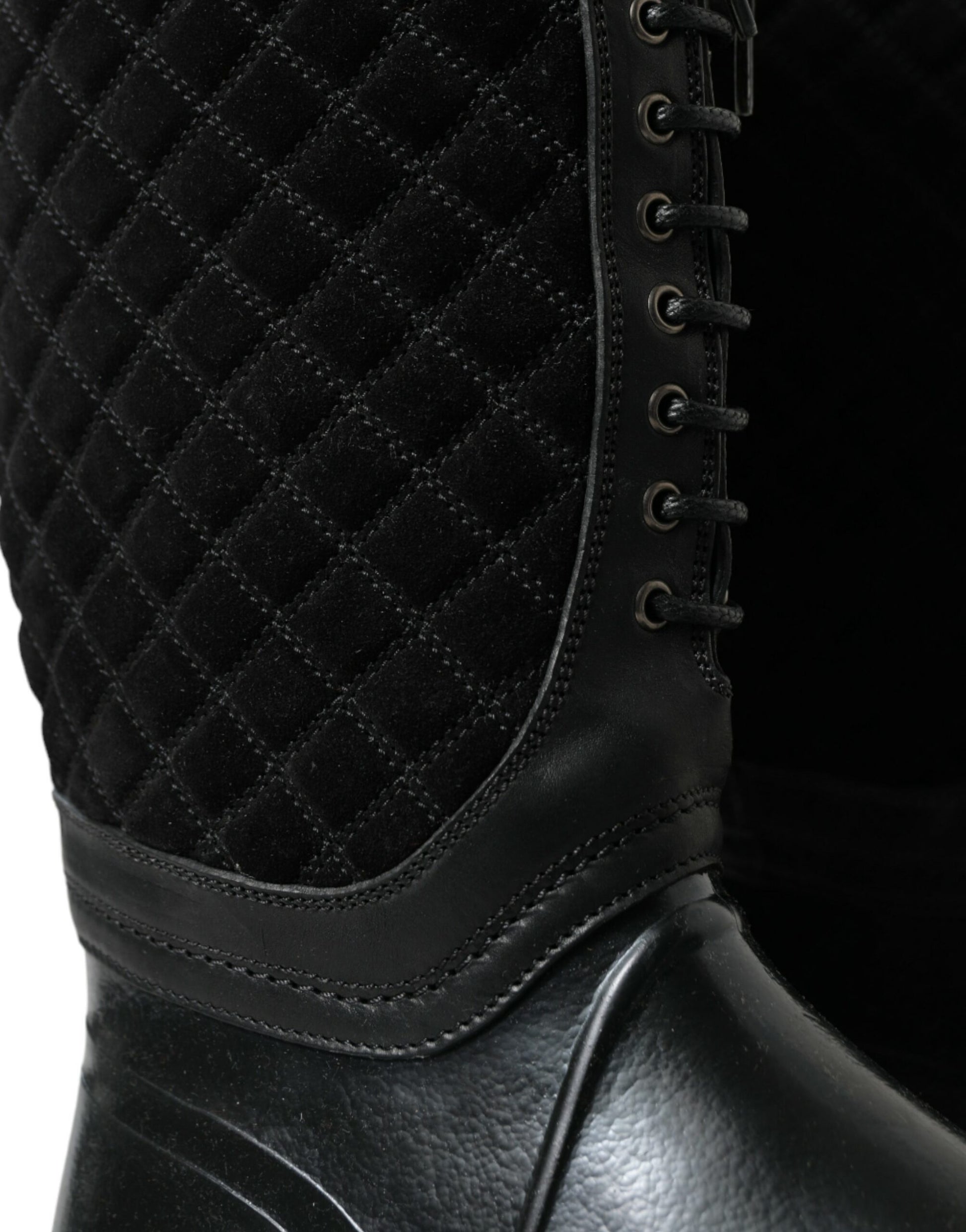 Black leather boot with quilted pattern and lace up front