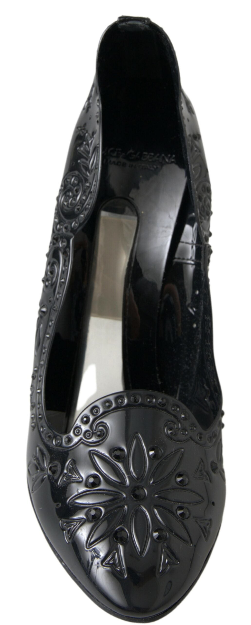 Black shoe with decorative design on side