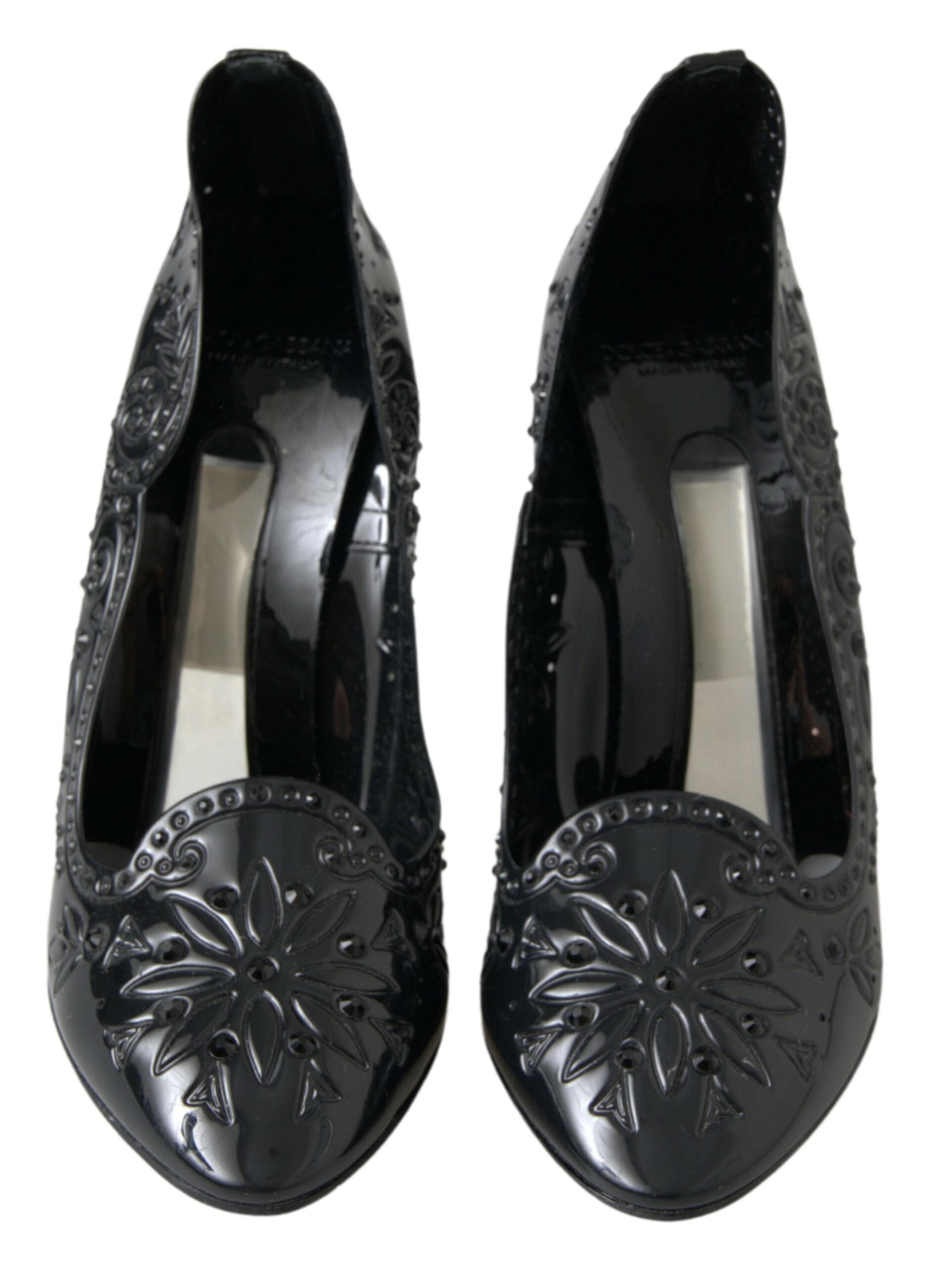 Pair of black women's shoes with embroidered floral design on vamp and toe cap