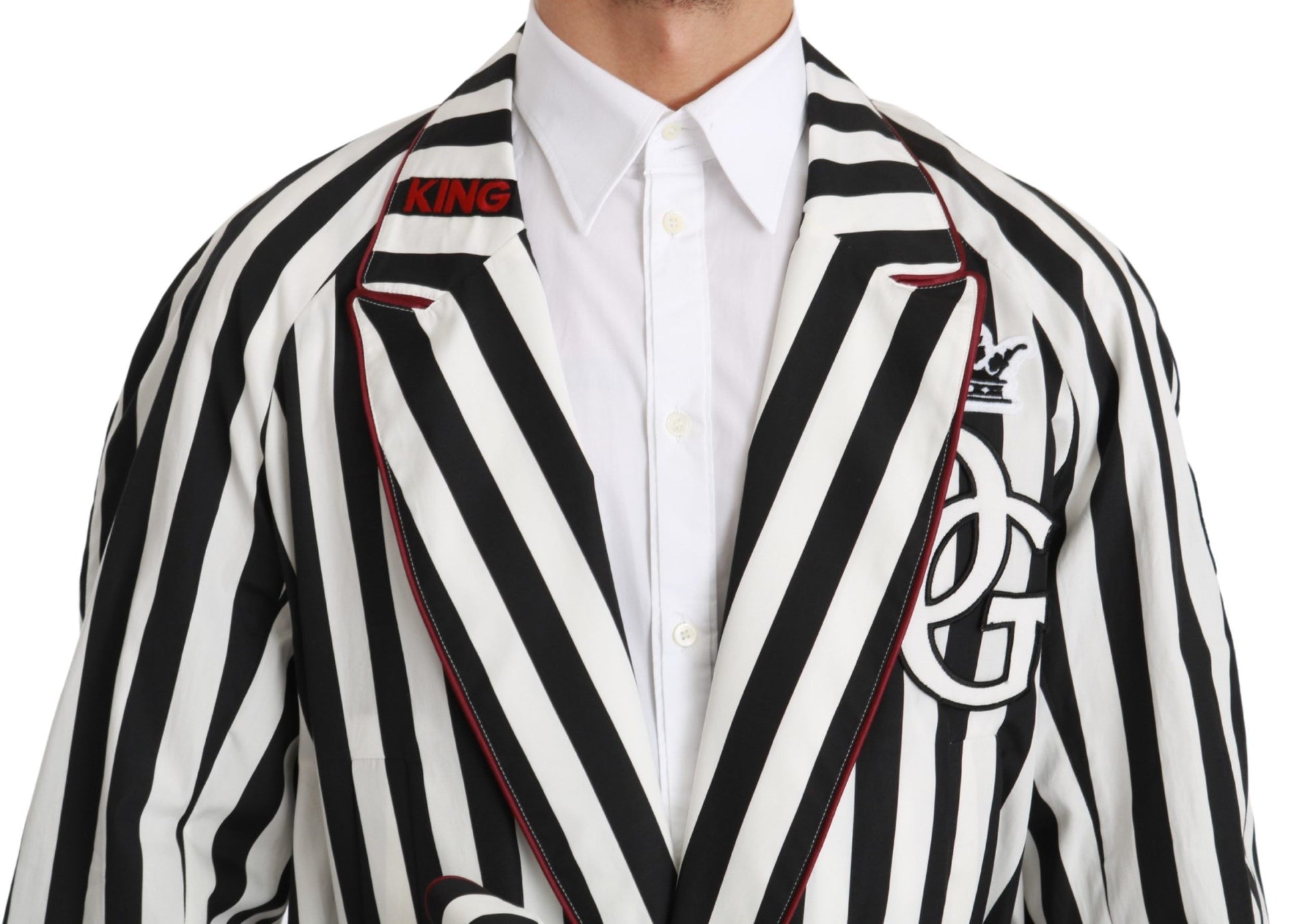 Black and white striped jacket with red trim