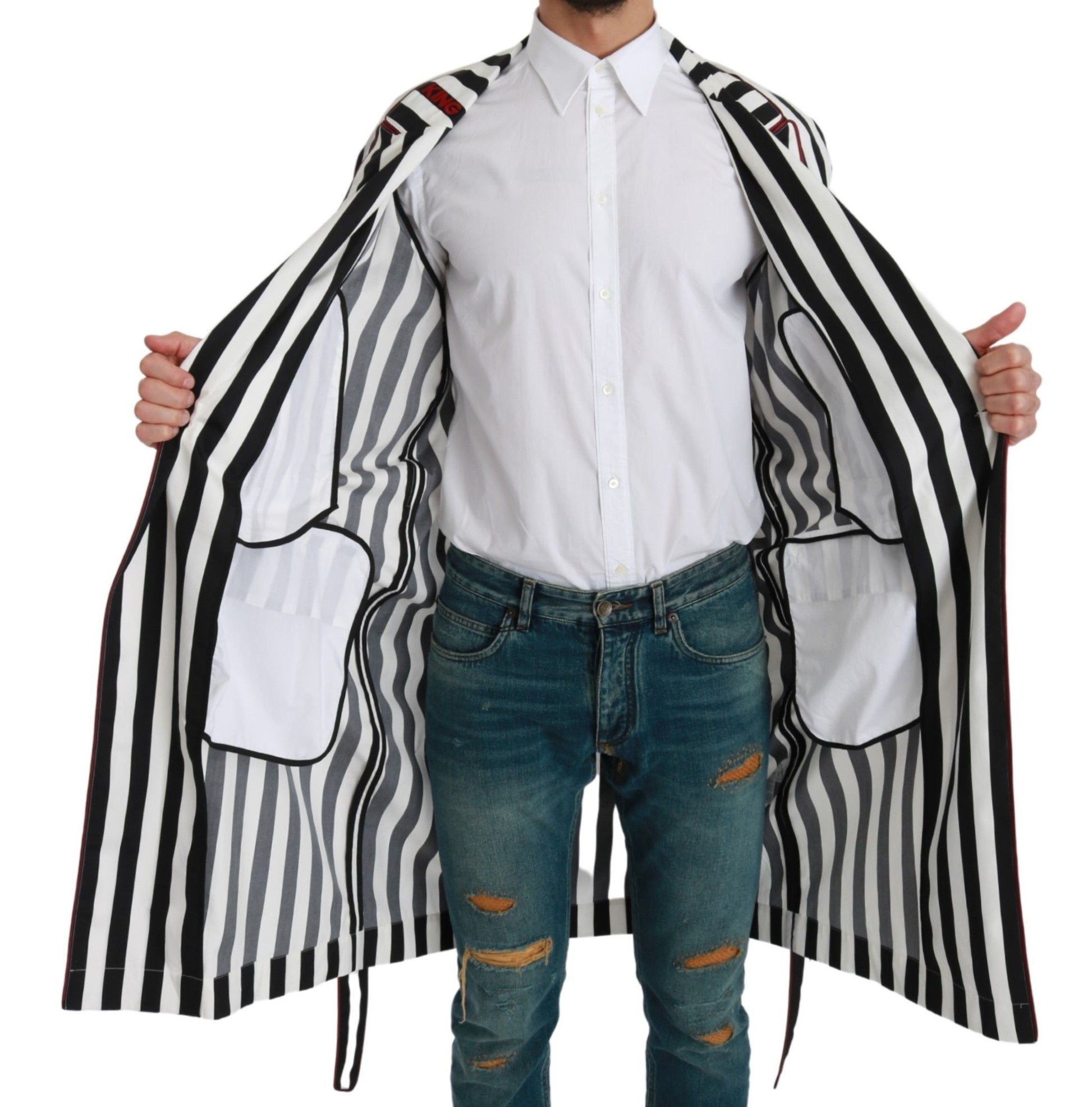 Man wearing a black and white striped jacket
