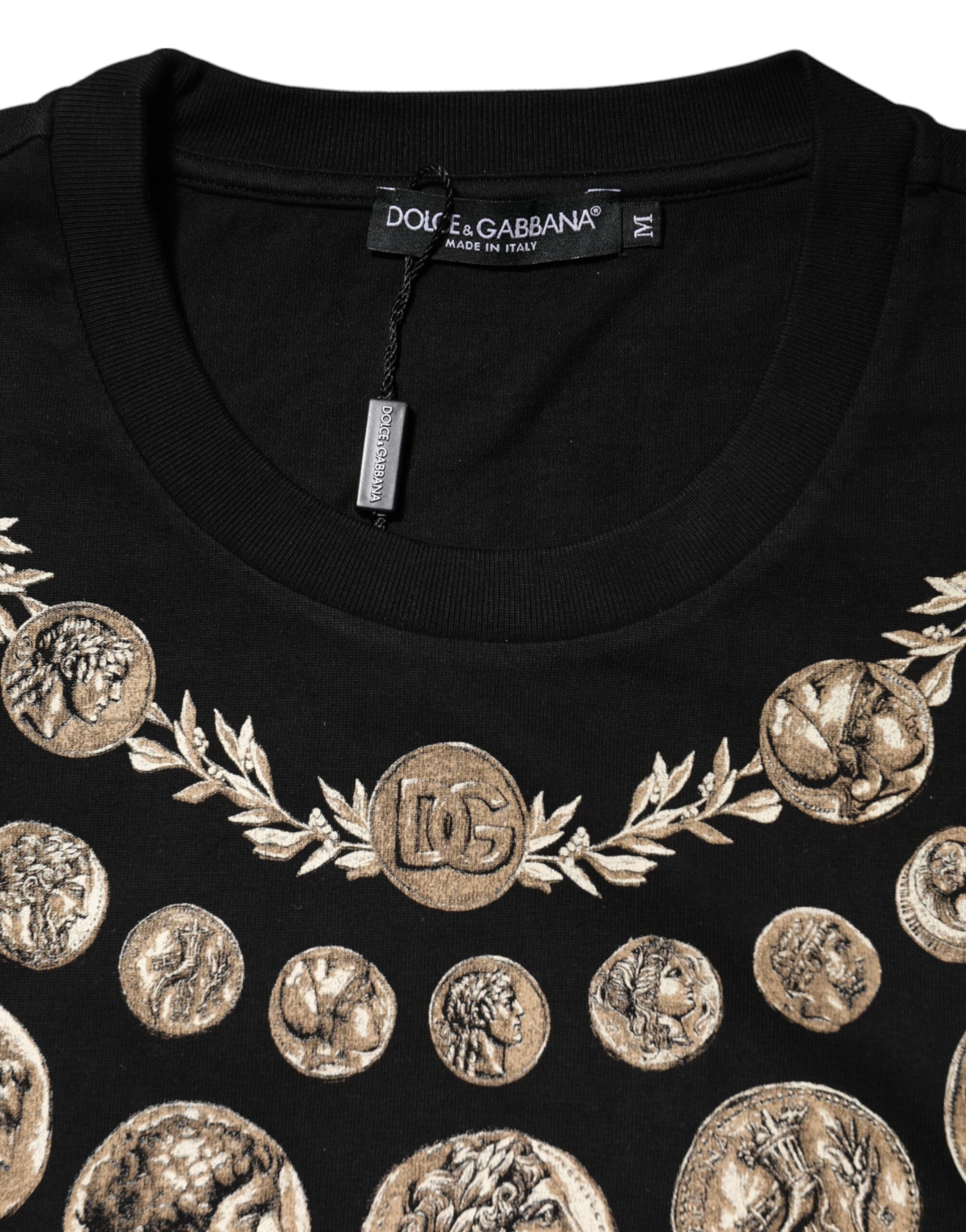Black t-shirt with gold coins on neckline