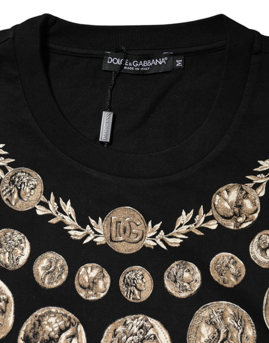 Black t-shirt with gold coins on neckline