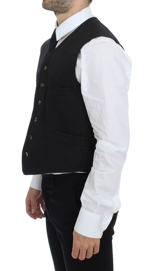 A black vest with a cotton blend fabric, featuring buttons and a collar