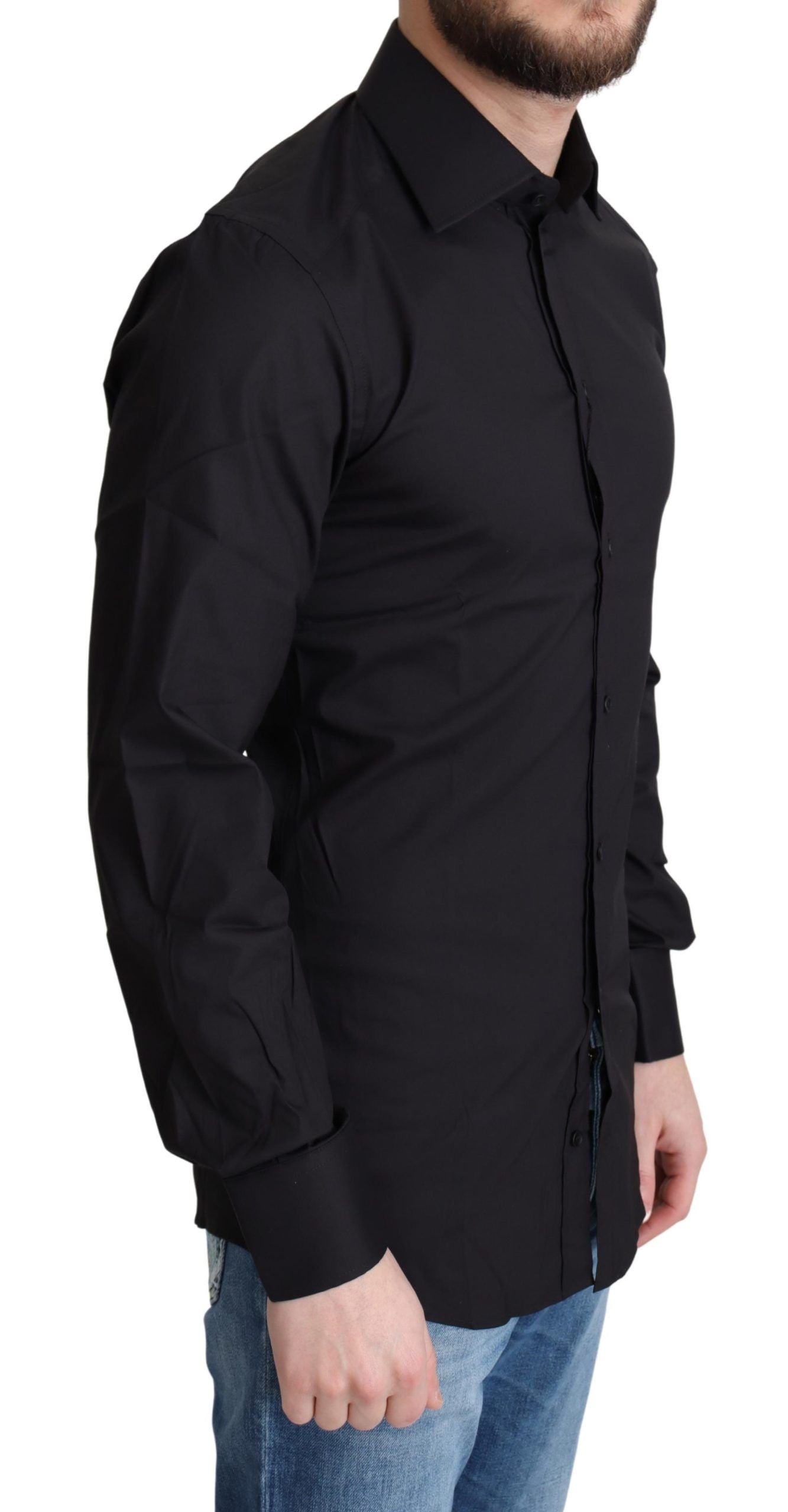 A black cotton blend dress shirt with a collar and buttons down the front