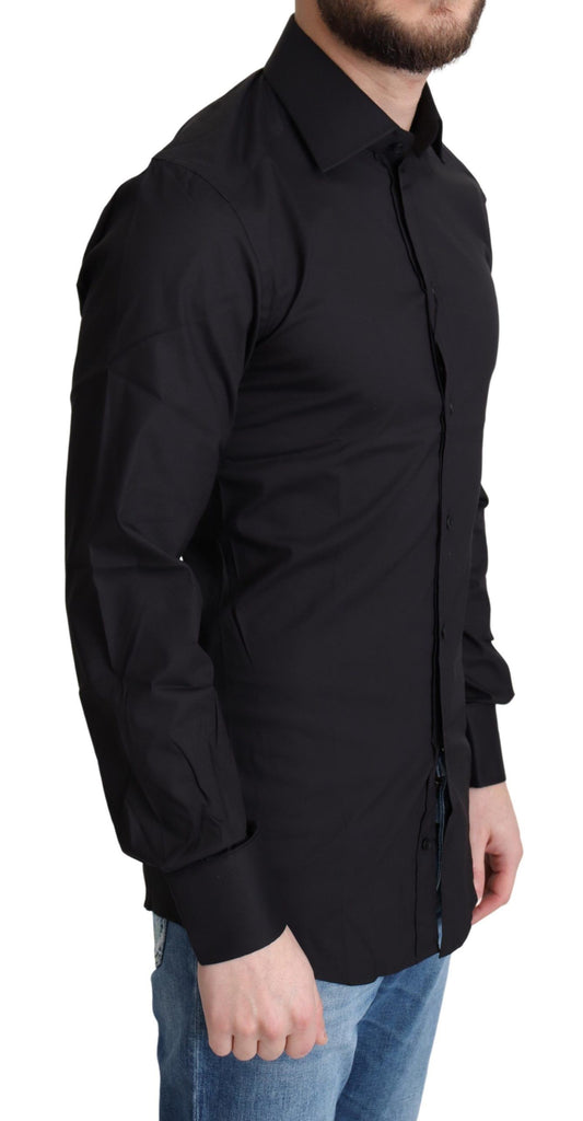 A black cotton blend dress shirt with a collar and buttons down the front