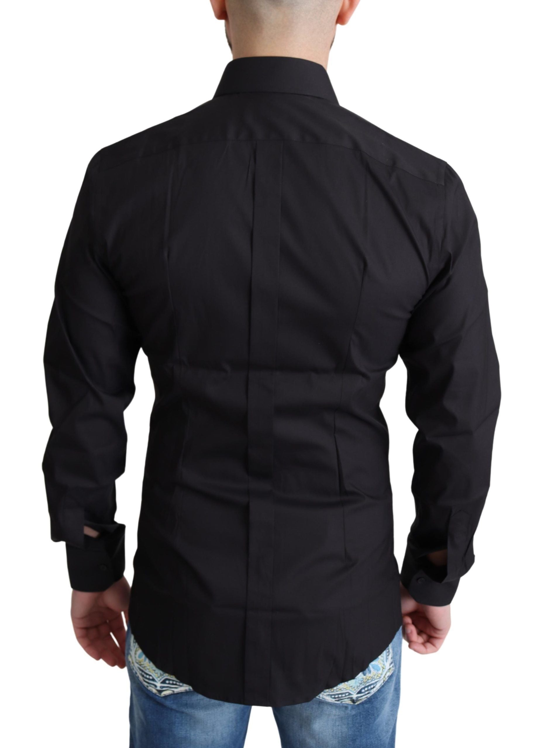 A black cotton blend dress shirt with a collar and sleeves, designed by Dolce & Gabbana