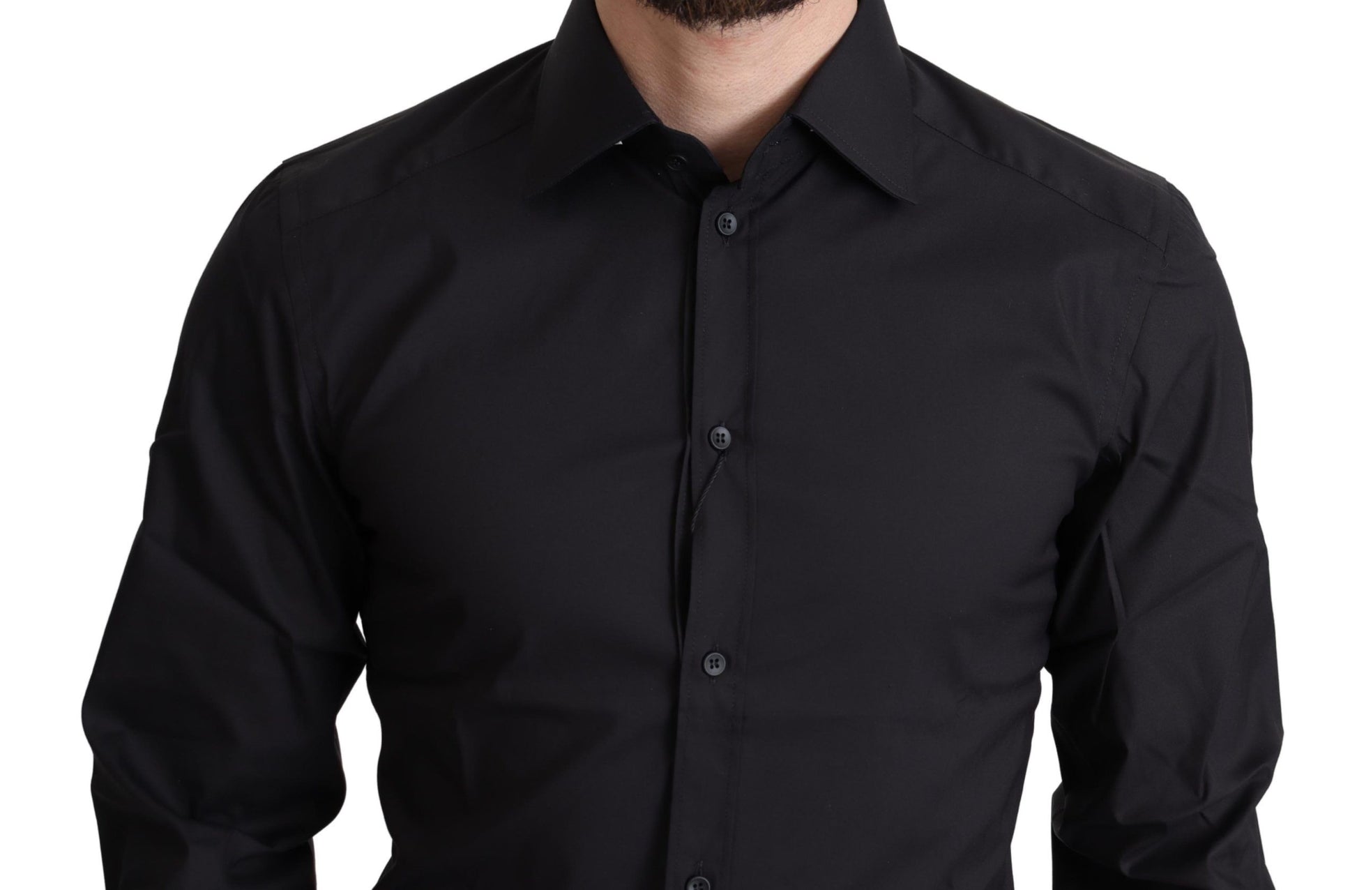 A black cotton blend dress shirt with a collar and buttons down the front
