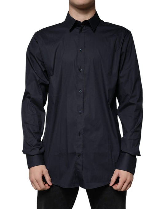 A black cotton blend dress shirt with long sleeves and gold accents
